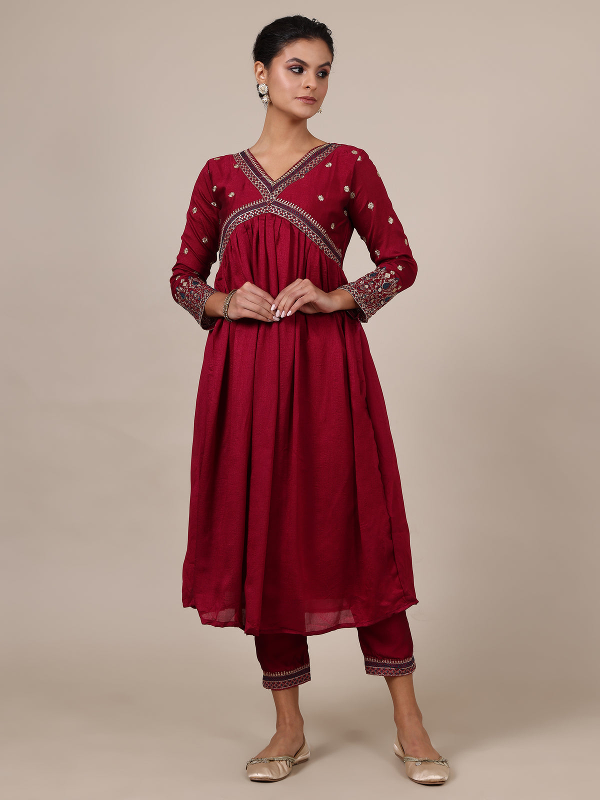 8-floral embroidered A-line kurta with trousers & dupatta