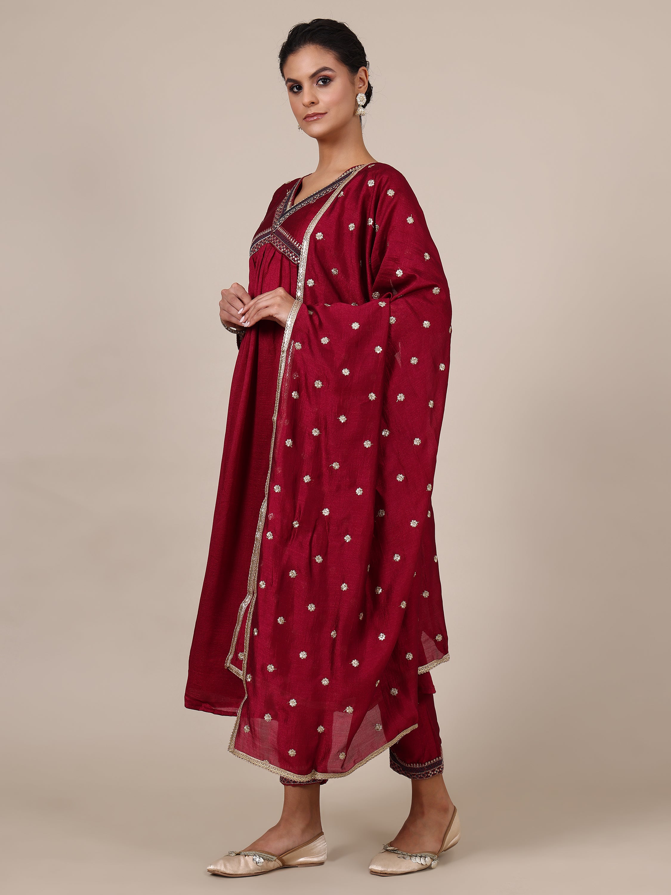 8-floral embroidered A-line kurta with trousers & dupatta