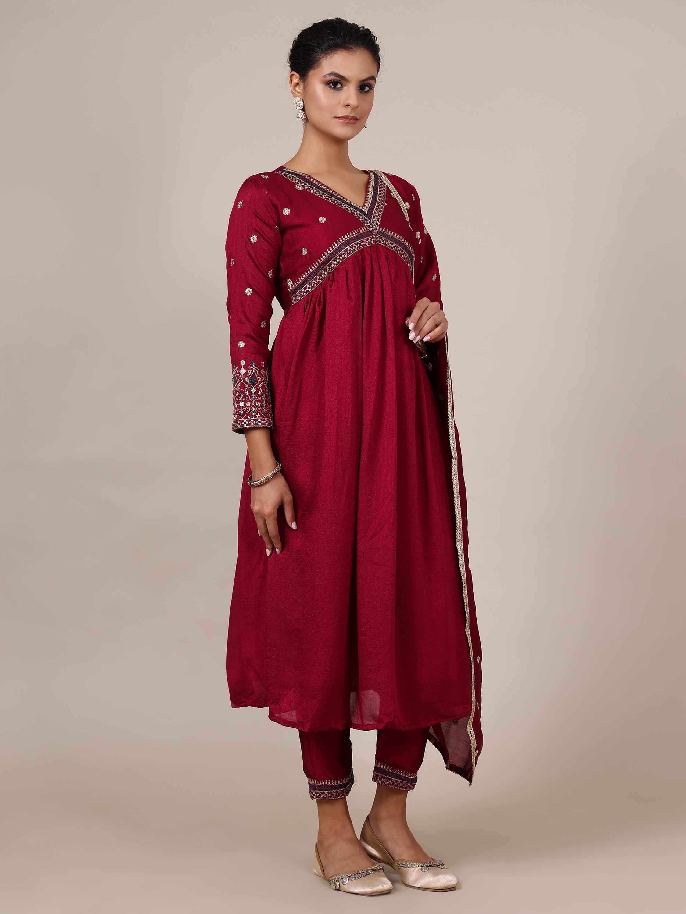 8-floral embroidered A-line kurta with trousers & dupatta