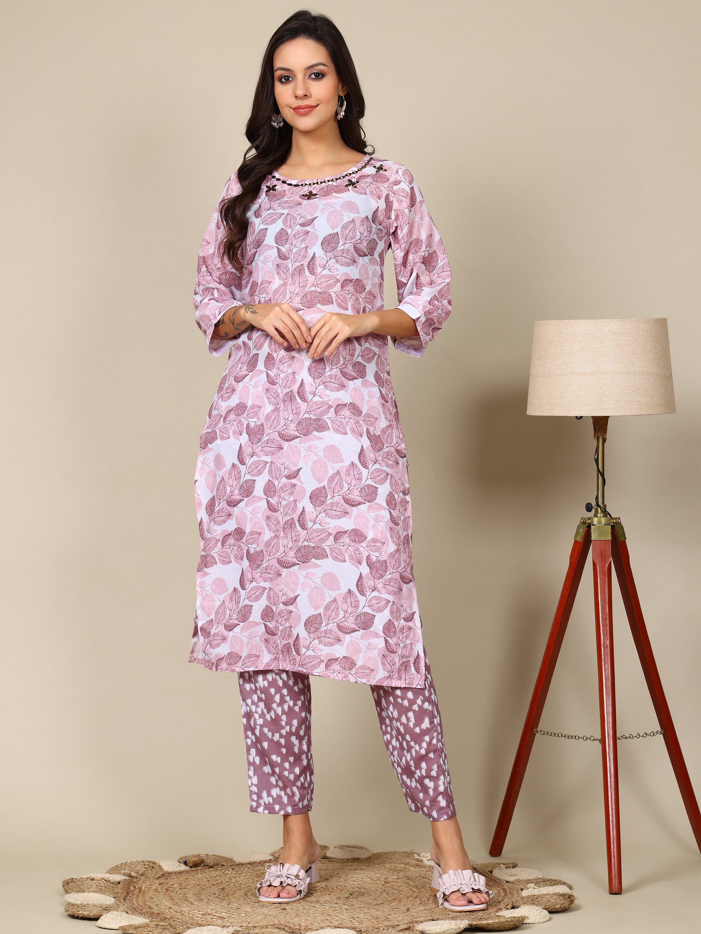 3-mirror work cotton kurta pants