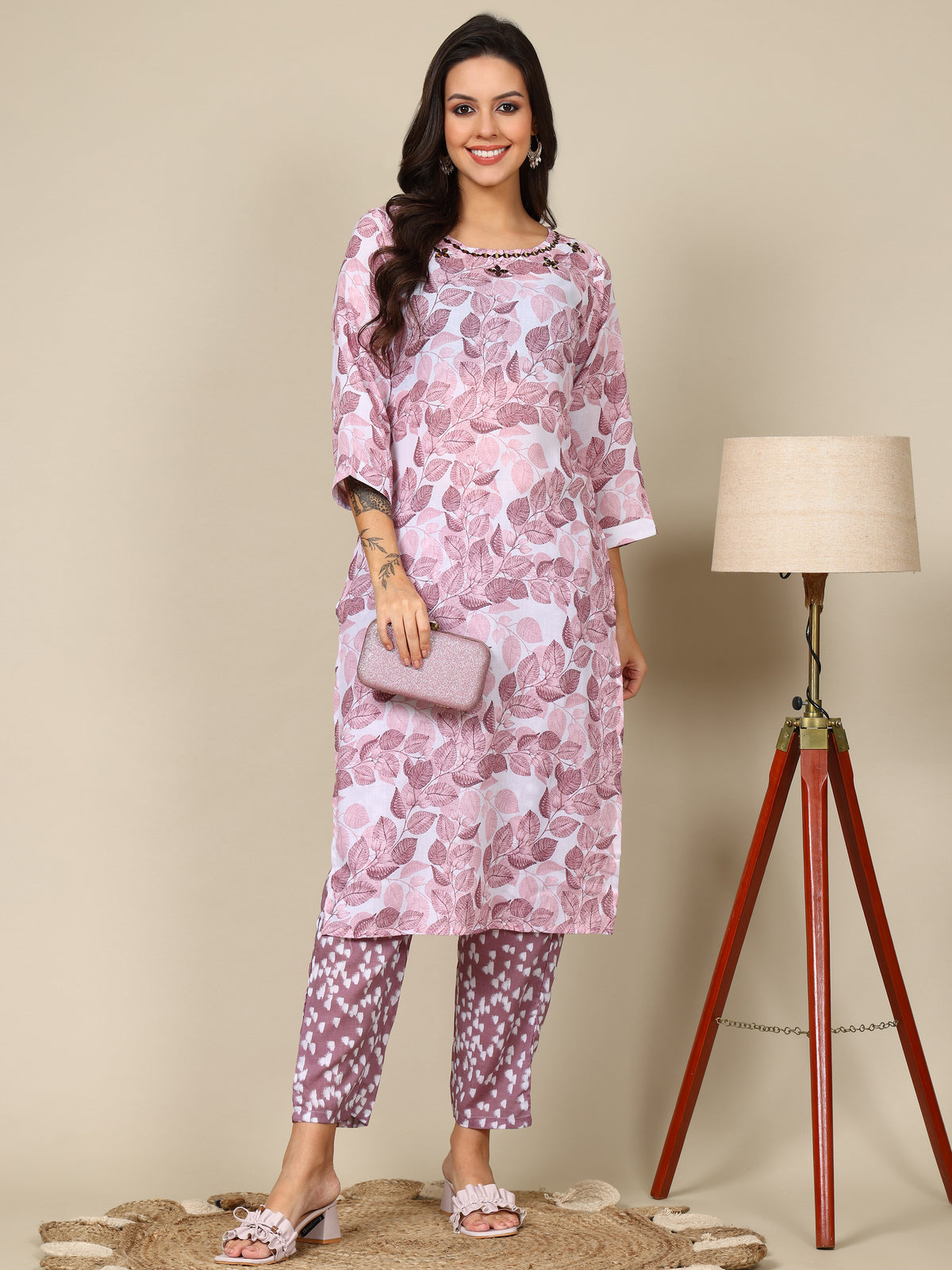 3-mirror work cotton kurta pants