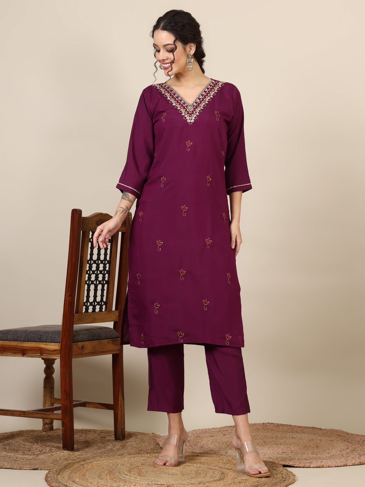 13-beautiful embroidered kurta with pant & jecquard with print dupatta