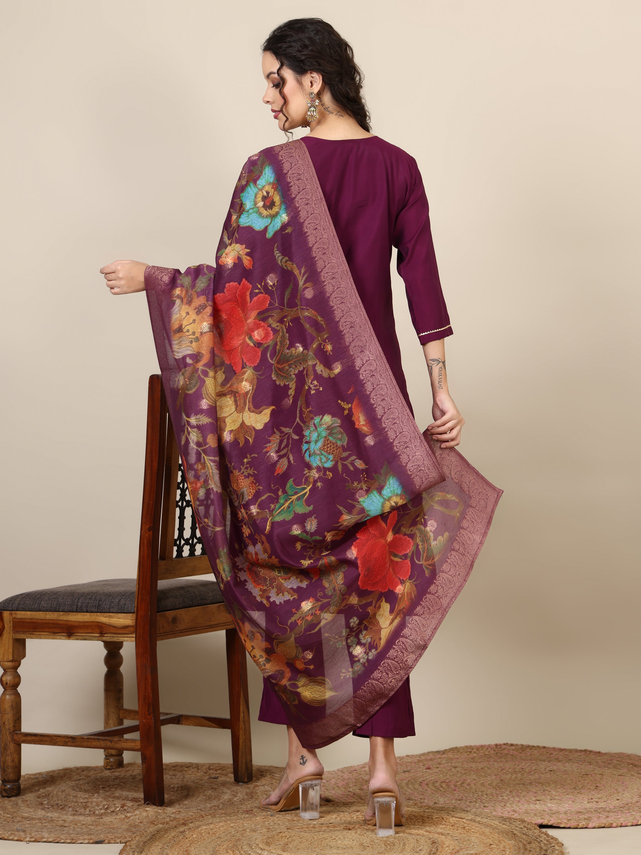 13-beautiful embroidered kurta with pant & jecquard with print dupatta