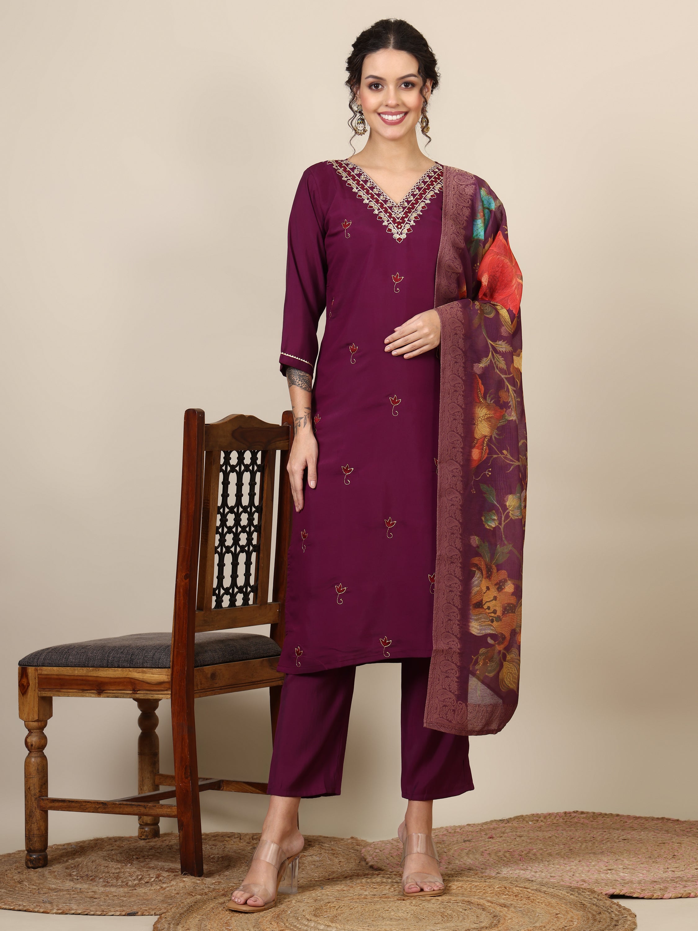 13-beautiful embroidered kurta with pant & jecquard with print dupatta