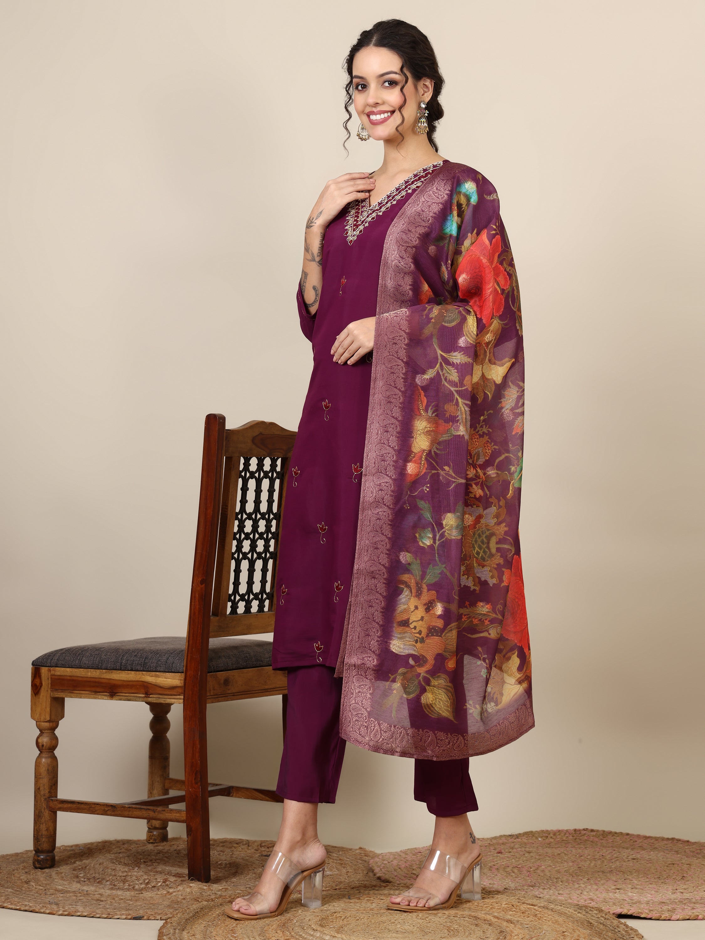 13-beautiful embroidered kurta with pant & jecquard with print dupatta