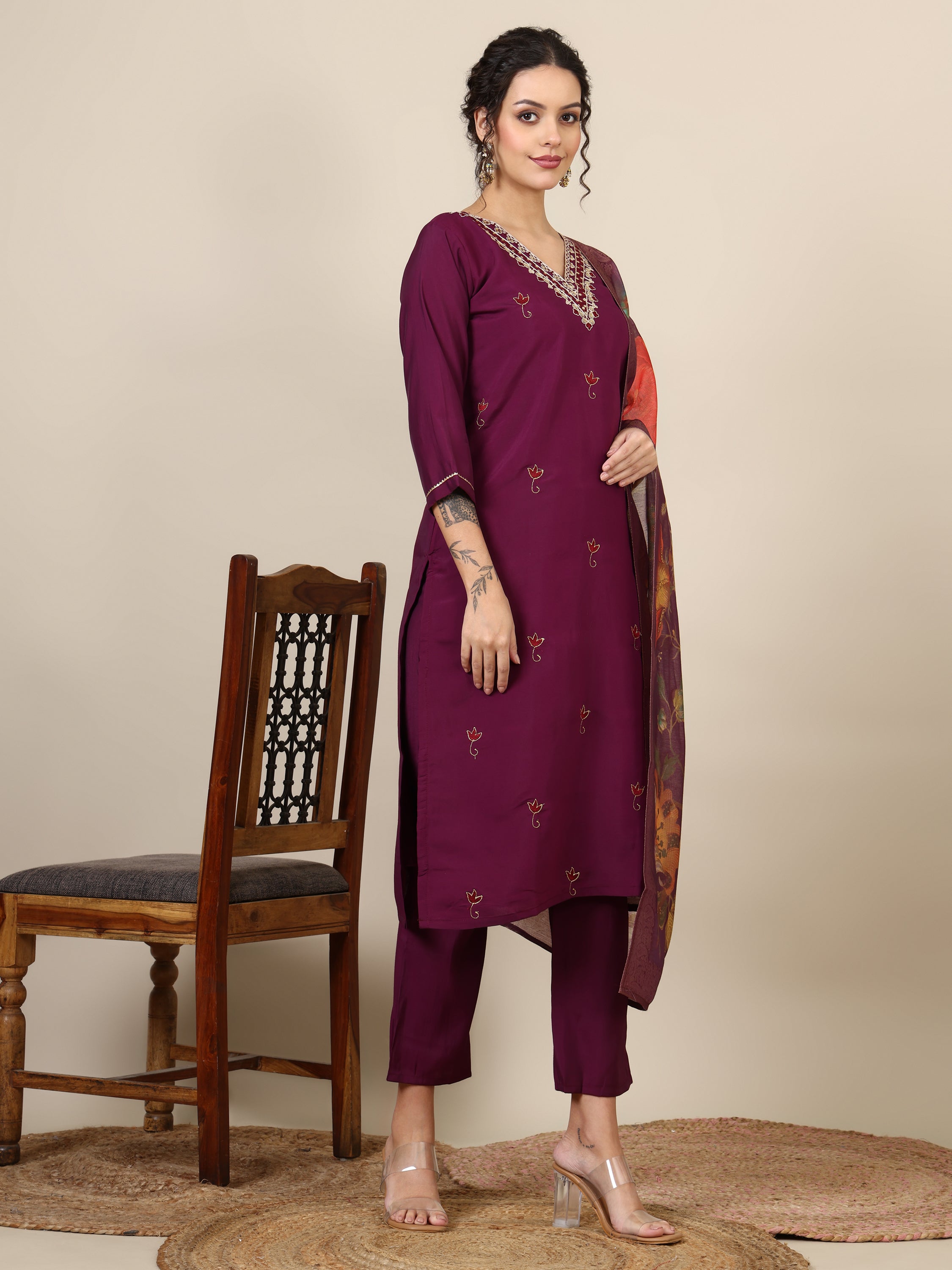 13-beautiful embroidered kurta with pant & jecquard with print dupatta