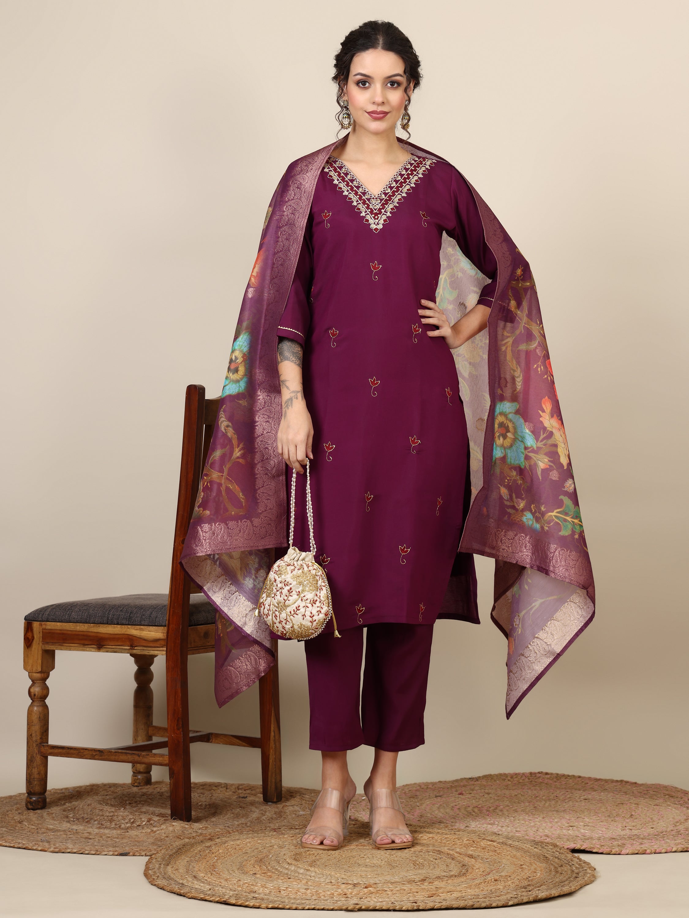 13-beautiful embroidered kurta with pant & jecquard with print dupatta