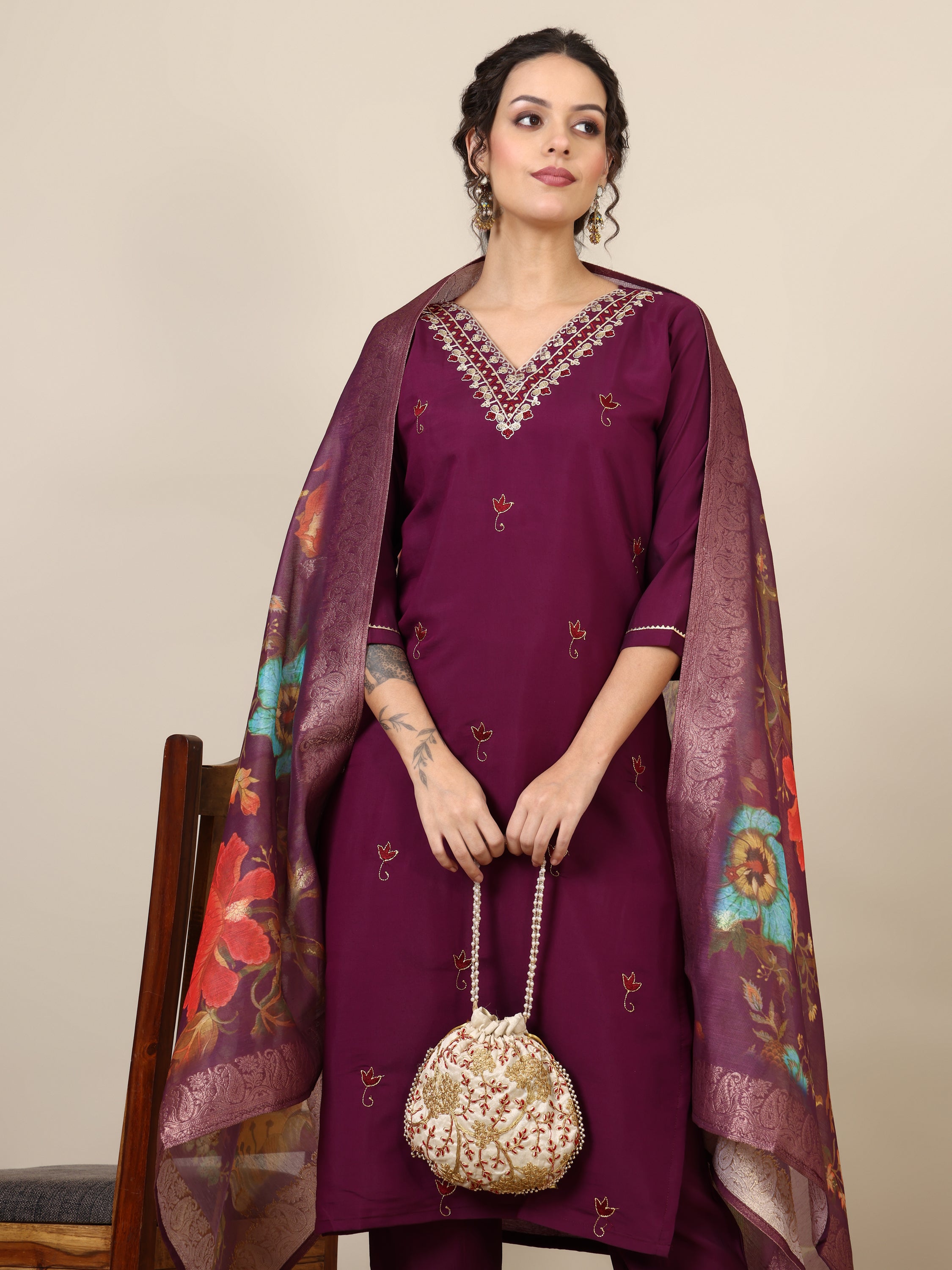 13-beautiful embroidered kurta with pant & jecquard with print dupatta