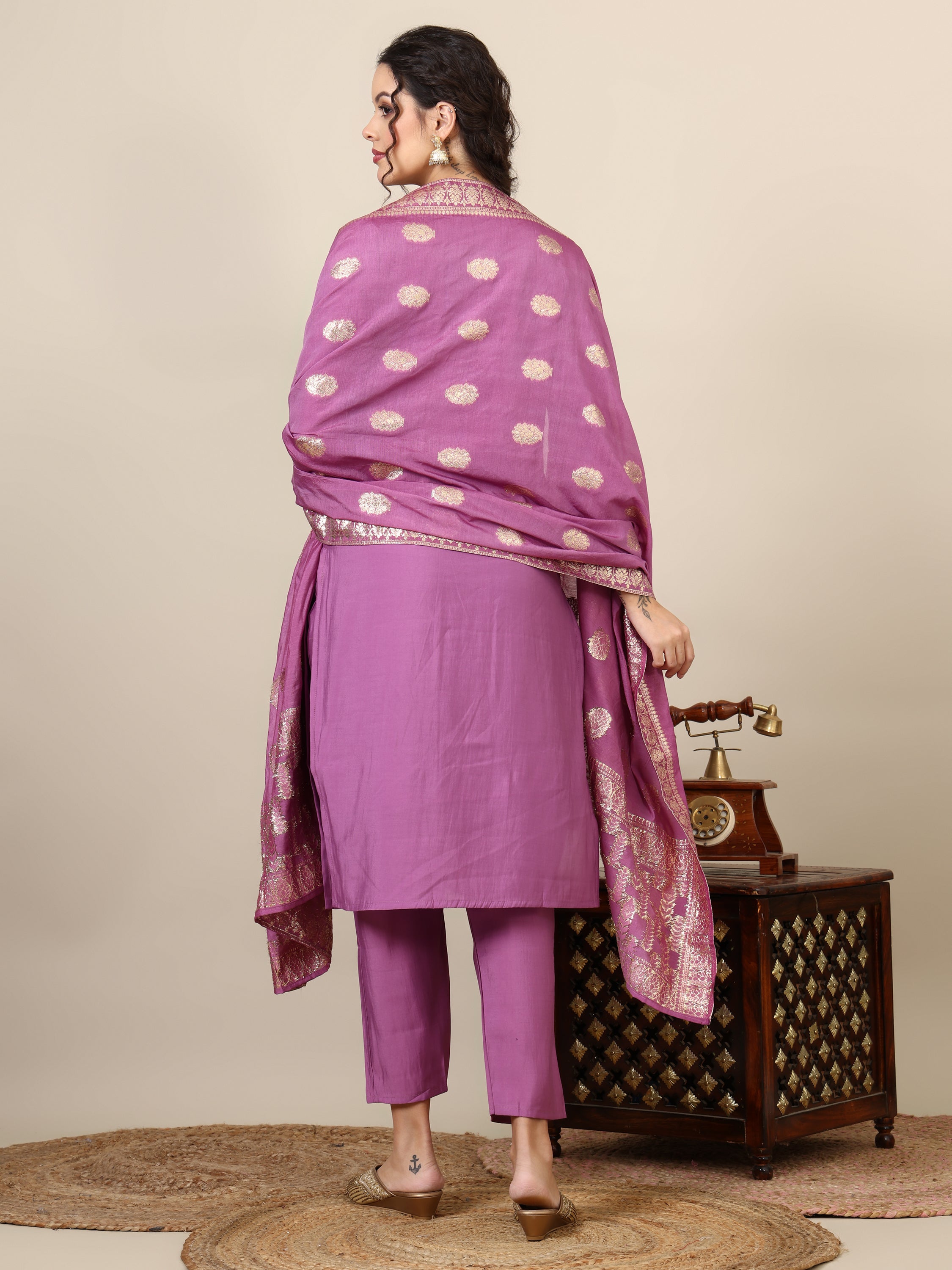 14-beautiful embroidered kurta with trousers & jecquard dupatta