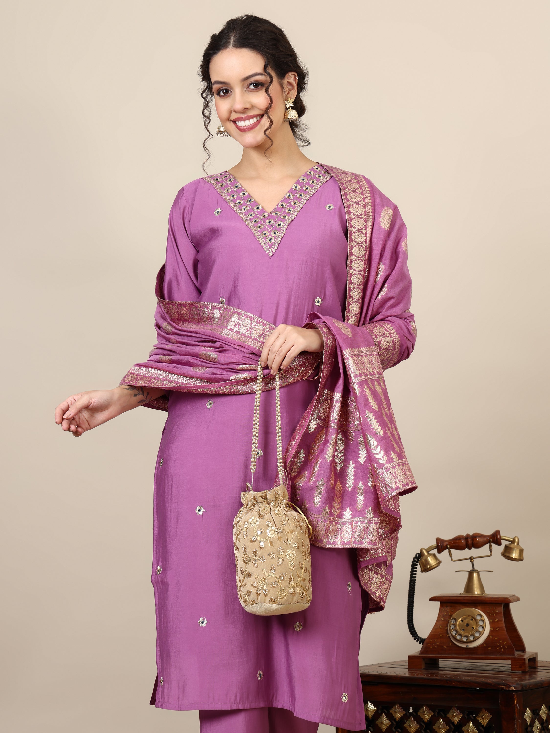 14-beautiful embroidered kurta with trousers & jecquard dupatta