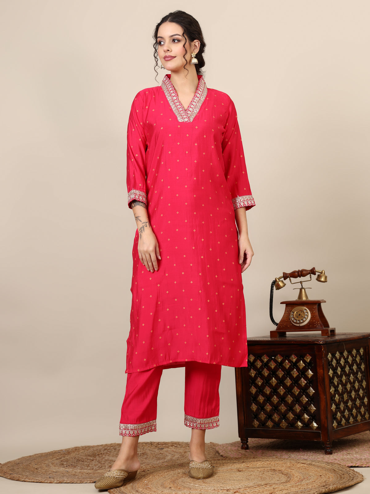 15-bandhni embroidered V neck three-quarter kurta with trousers & dupatta