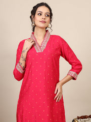 15-bandhni embroidered V neck three-quarter kurta with trousers & dupatta