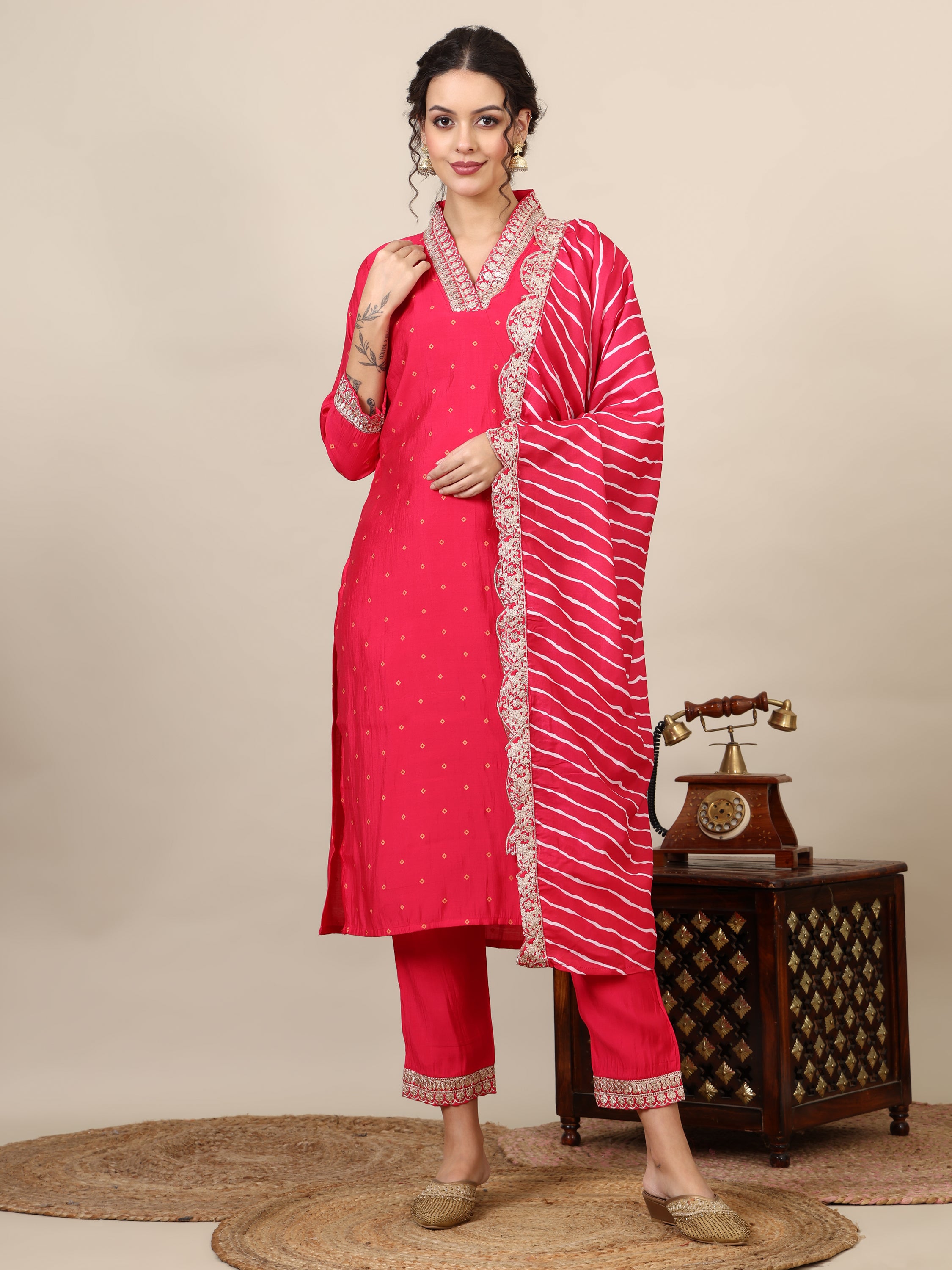 15-bandhni embroidered V neck three-quarter kurta with trousers & dupatta