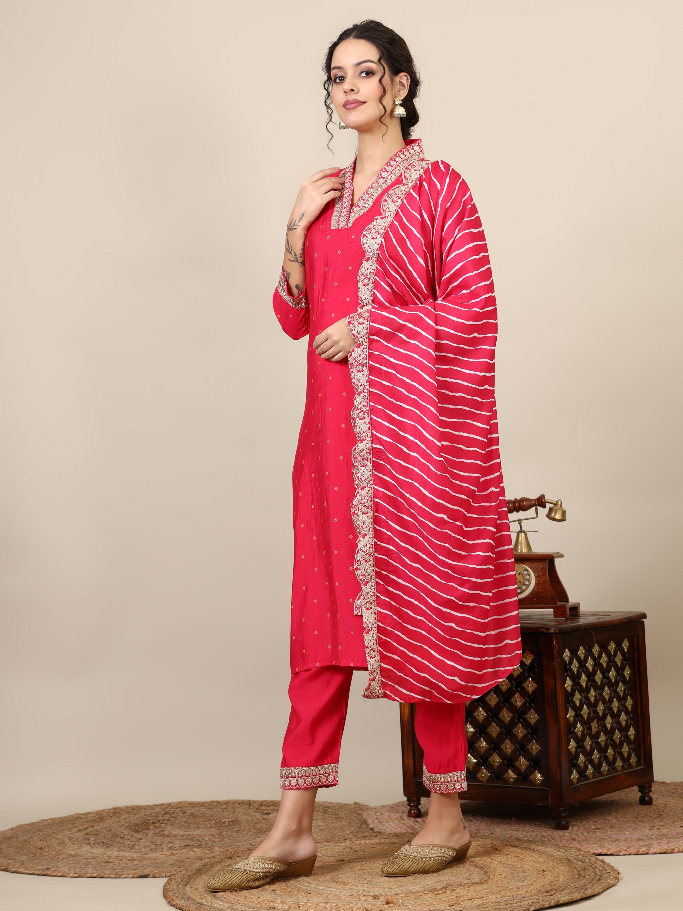 15-bandhni embroidered V neck three-quarter kurta with trousers & dupatta