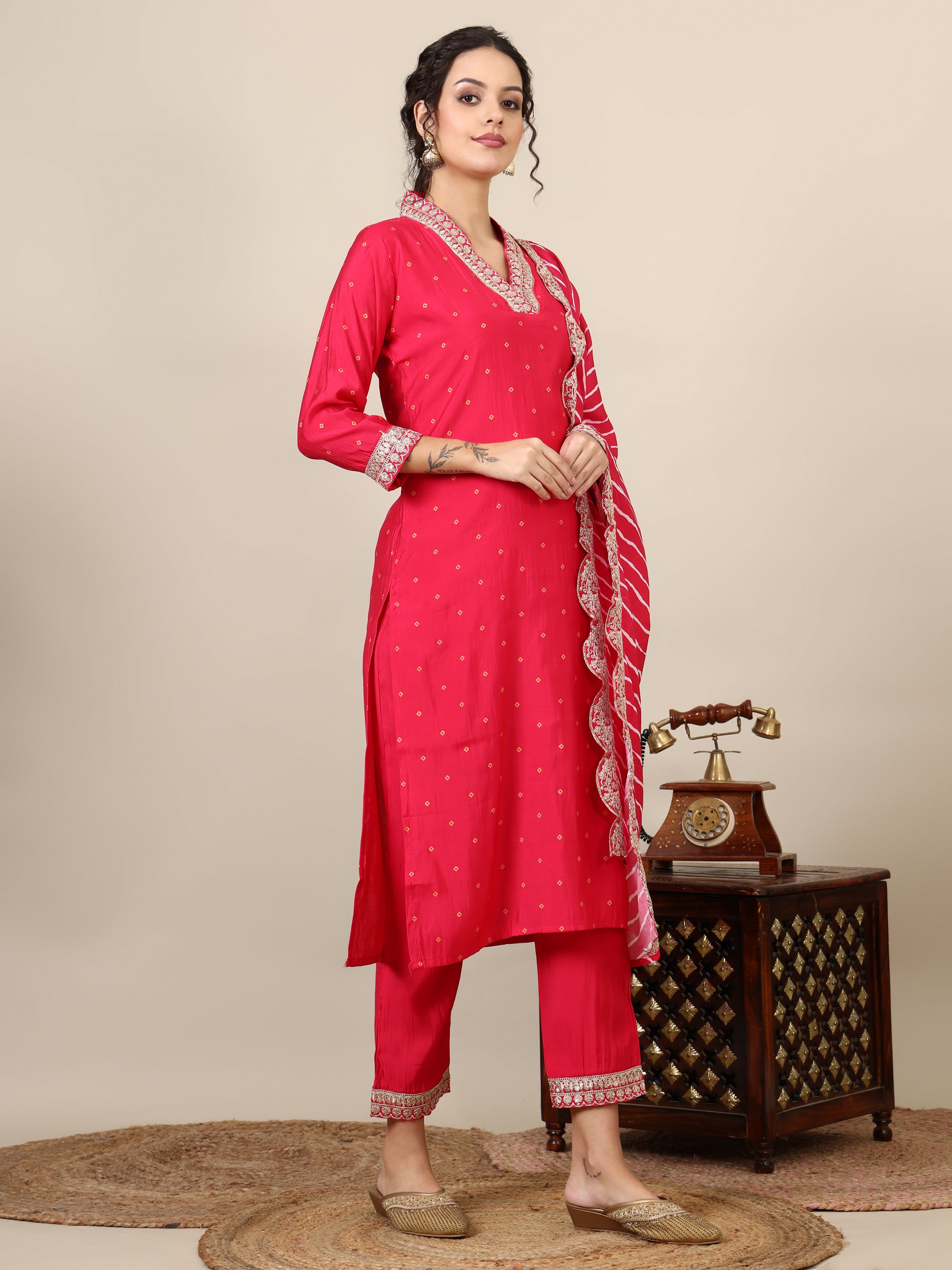 15-bandhni embroidered V neck three-quarter kurta with trousers & dupatta