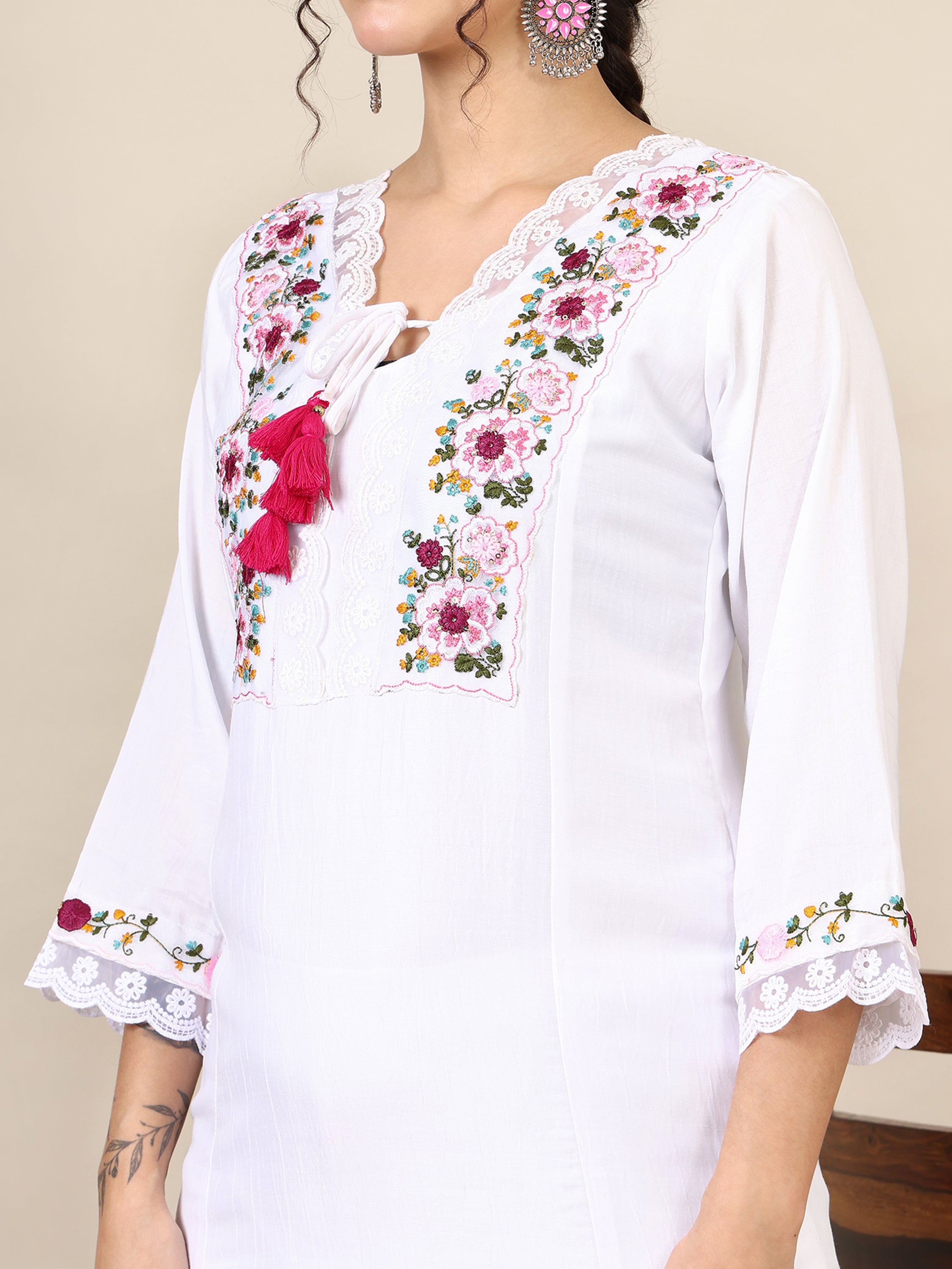 9- floral embroidered thread work A-line kurta with trousers &dupatta