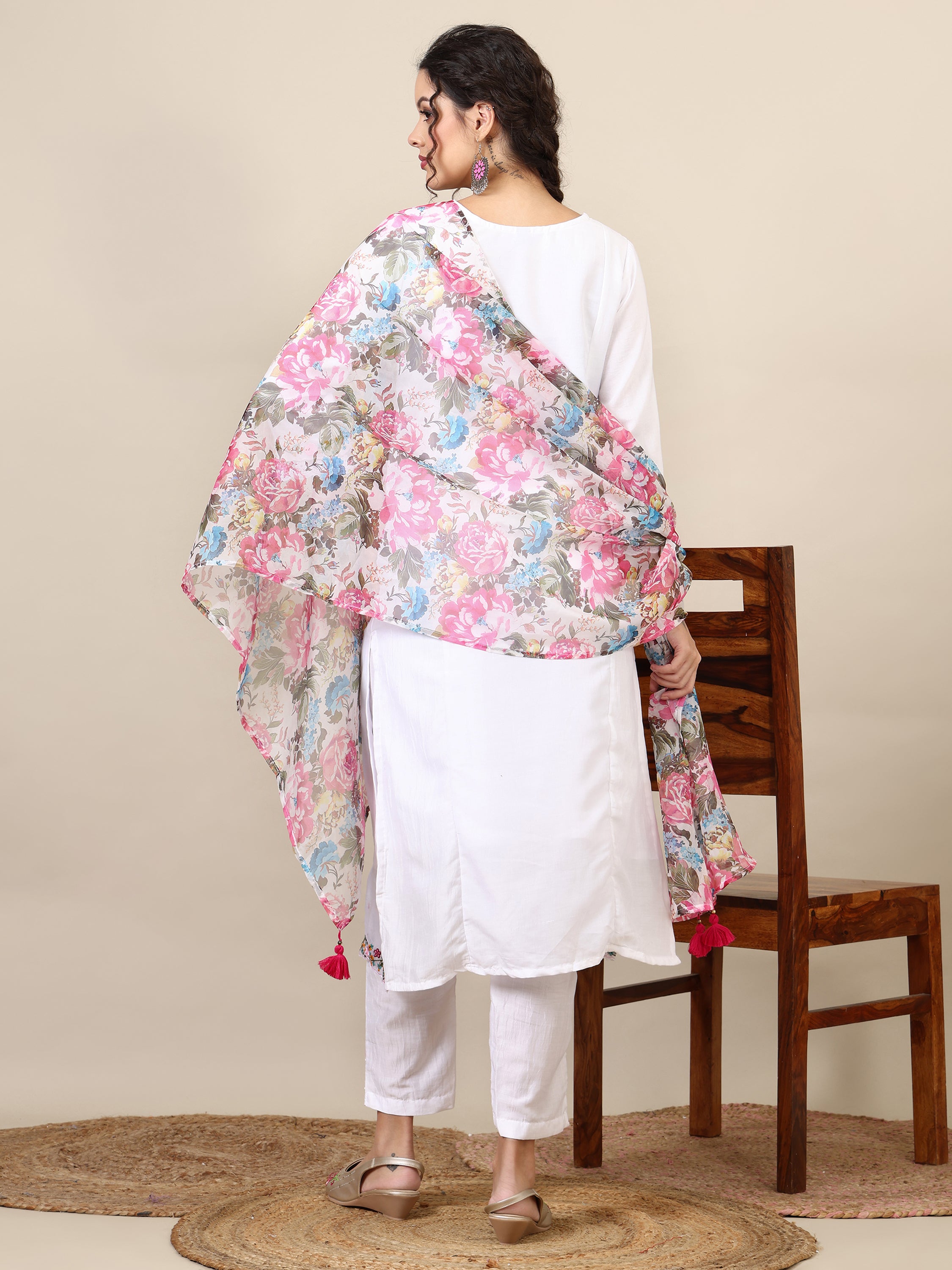 9- floral embroidered thread work A-line kurta with trousers &dupatta