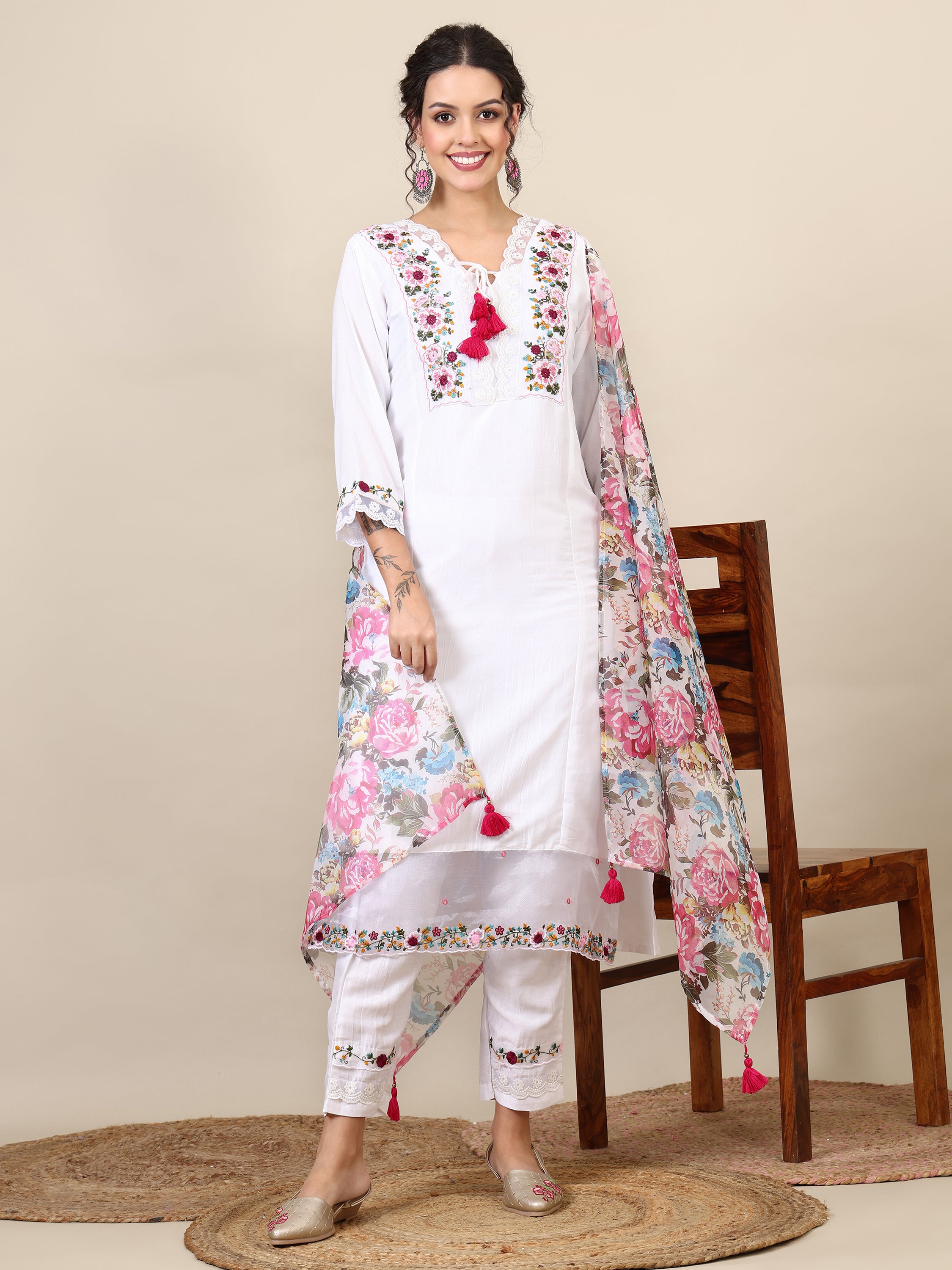 9- floral embroidered thread work A-line kurta with trousers &dupatta