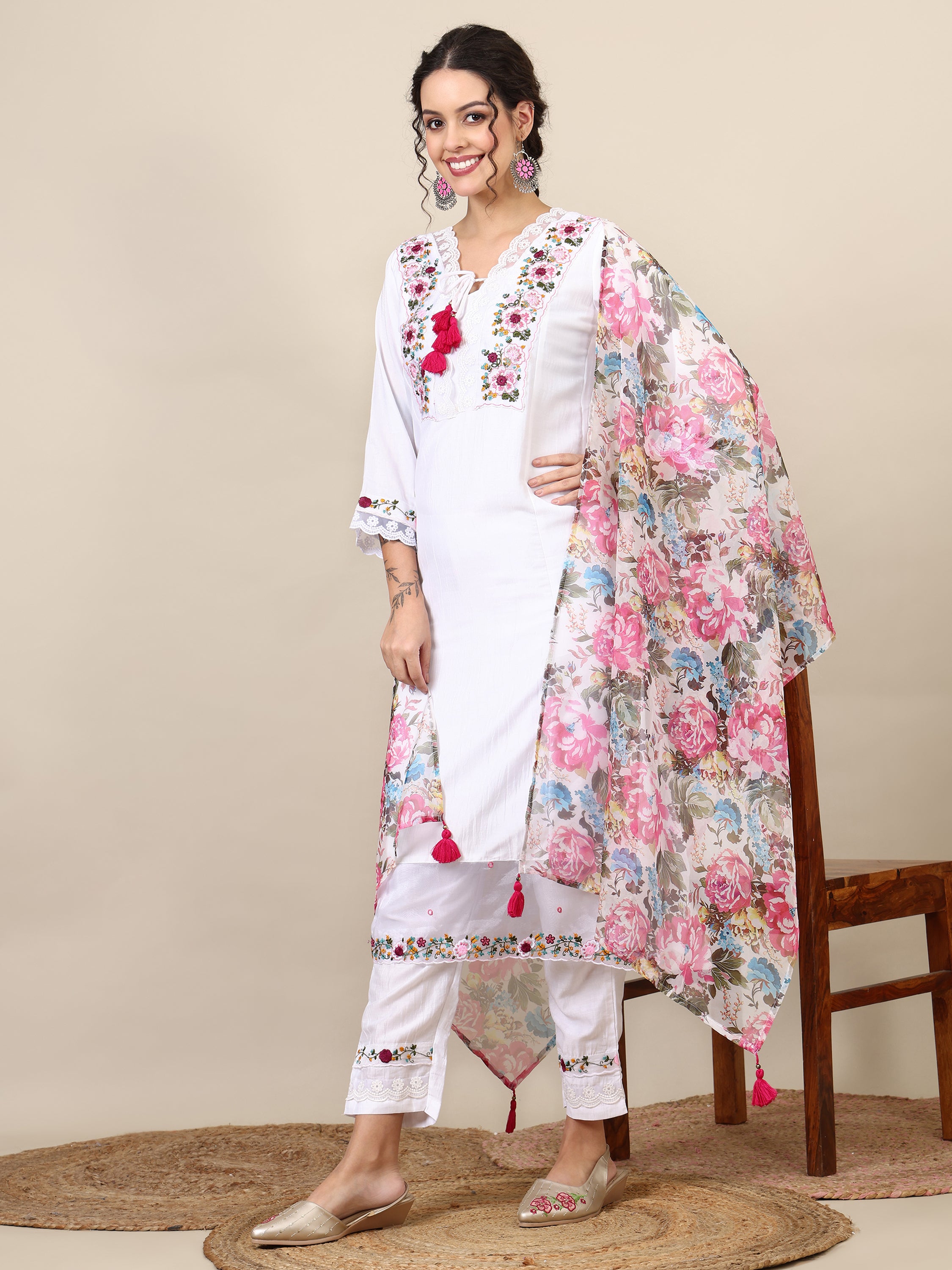 9- floral embroidered thread work A-line kurta with trousers &dupatta