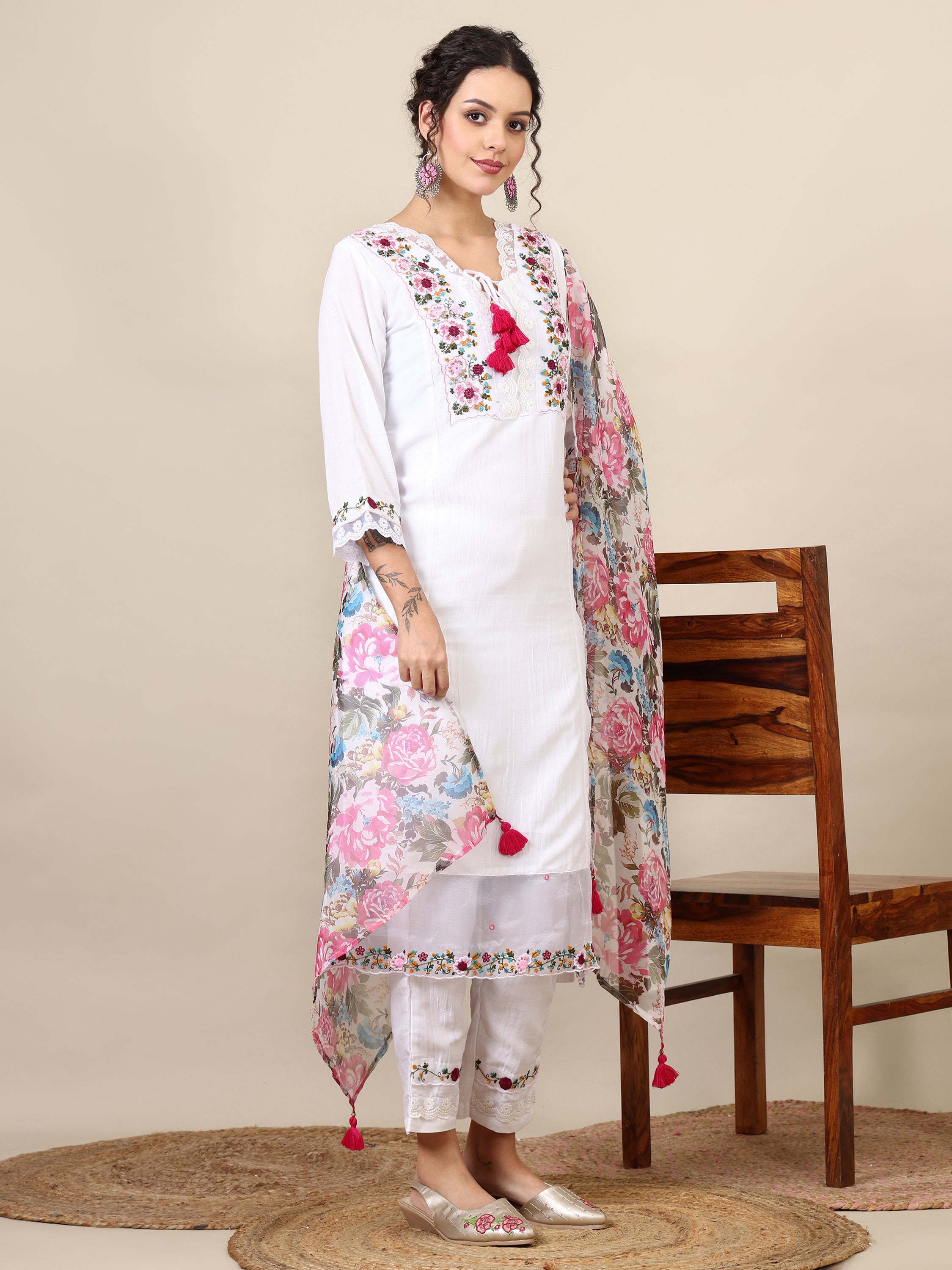 9- floral embroidered thread work A-line kurta with trousers &dupatta