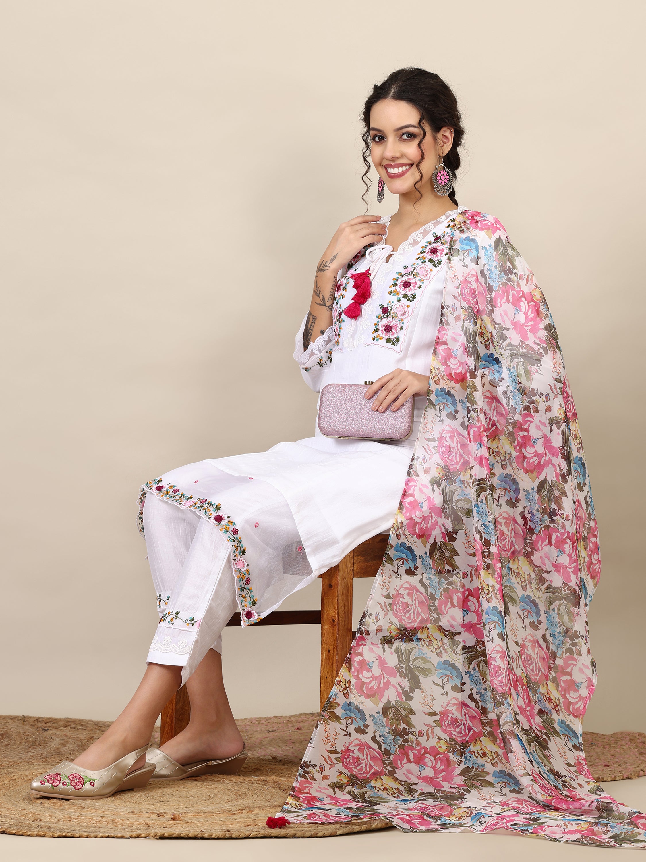 9- floral embroidered thread work A-line kurta with trousers &dupatta