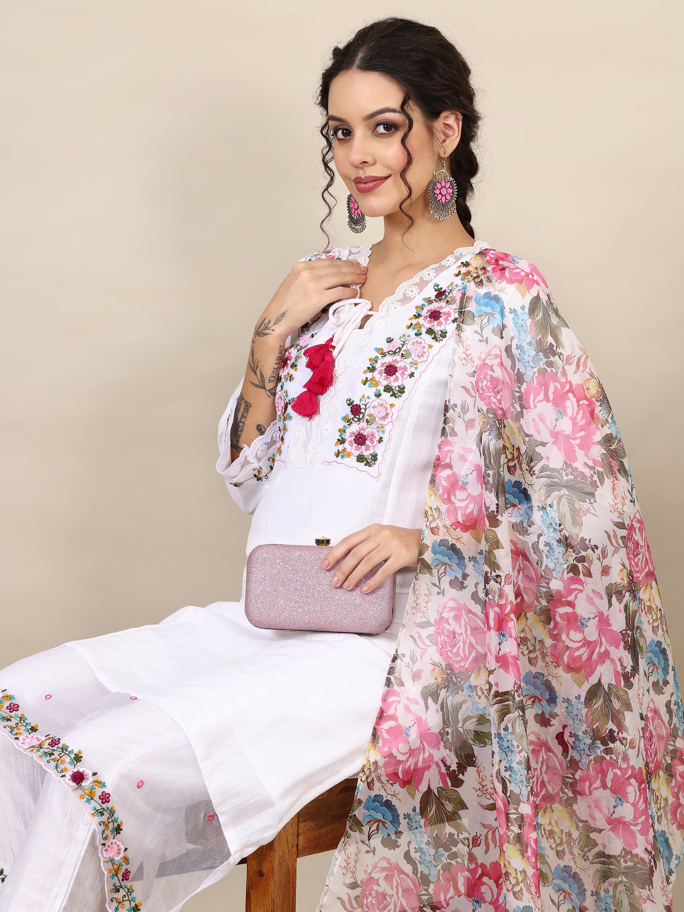 9- floral embroidered thread work A-line kurta with trousers &dupatta