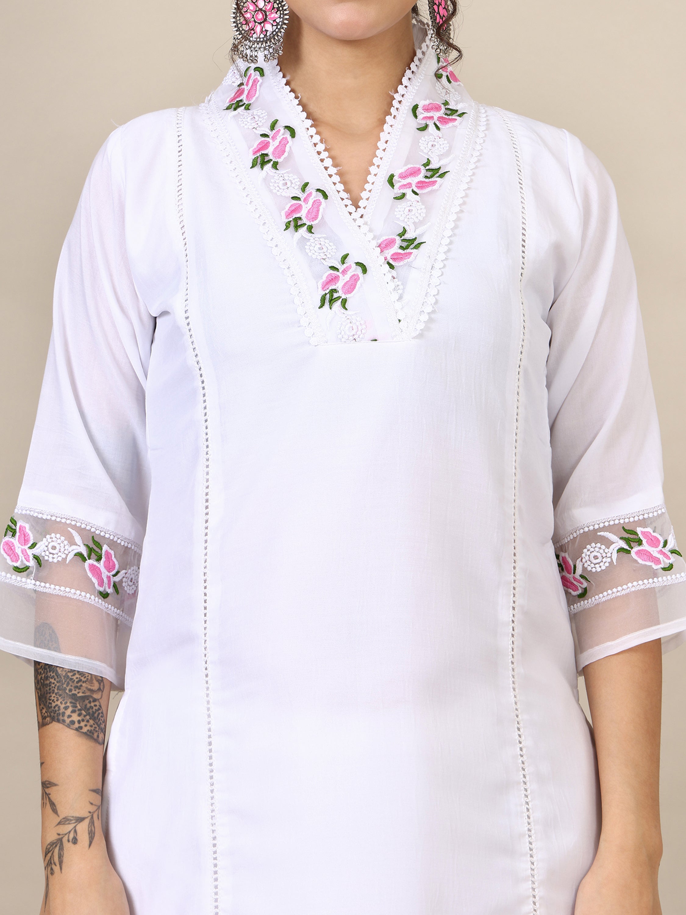 Miral floral  embroidered thread work A-line kurta with trousers &dupatta