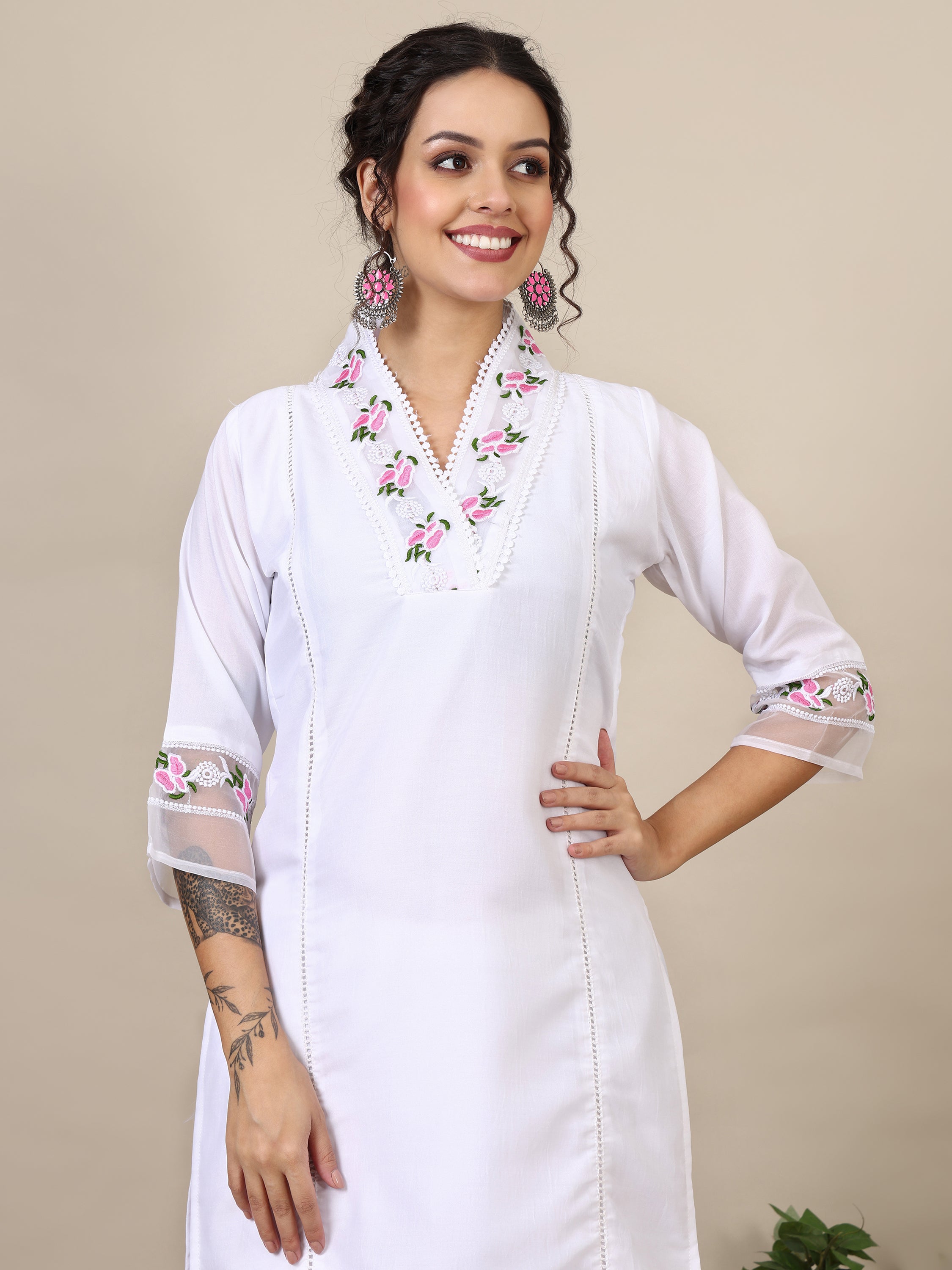 Miral floral  embroidered thread work A-line kurta with trousers &dupatta