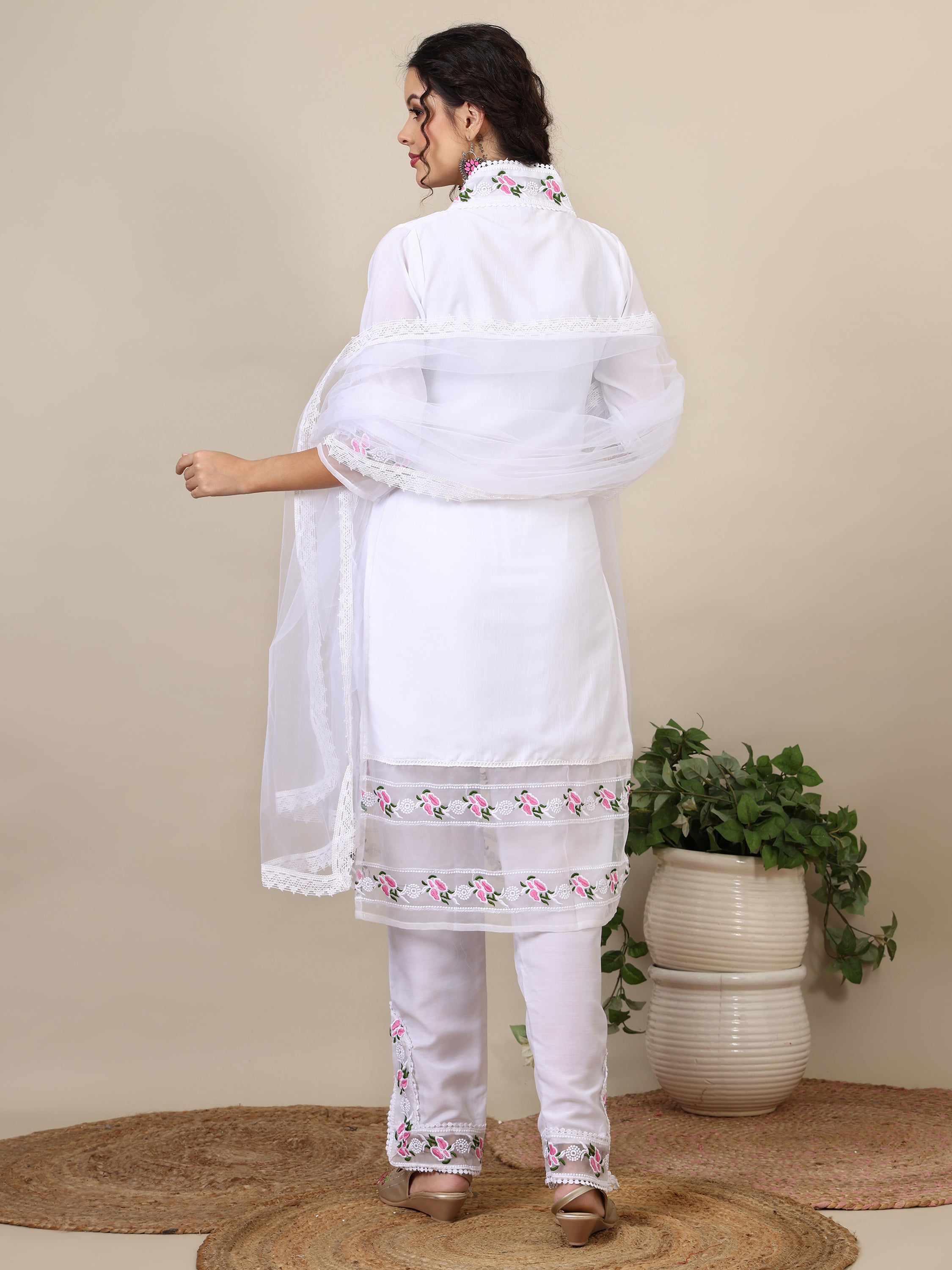 Miral floral  embroidered thread work A-line kurta with trousers &dupatta