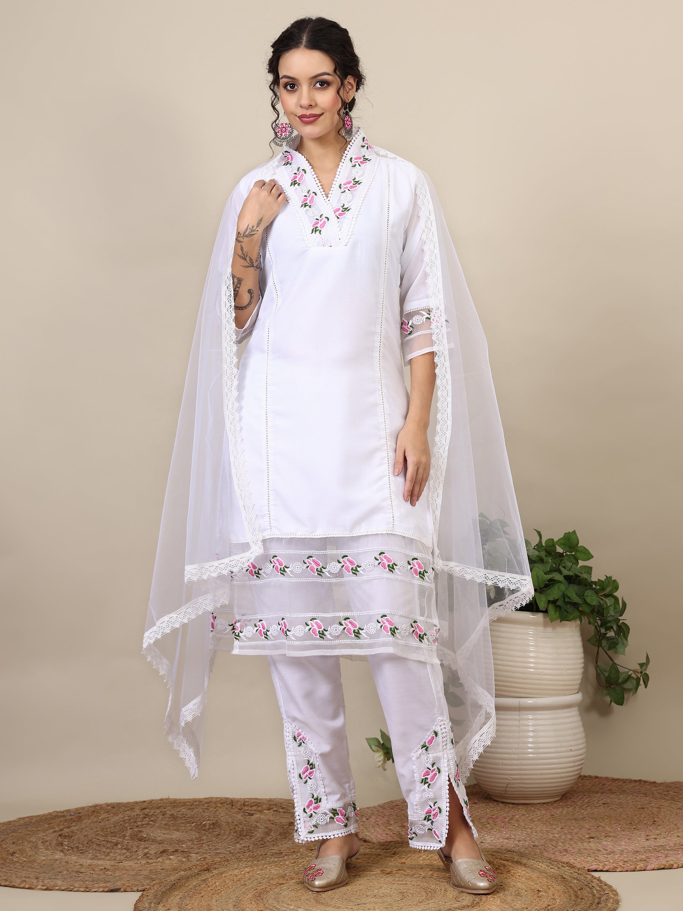 Miral floral  embroidered thread work A-line kurta with trousers &dupatta