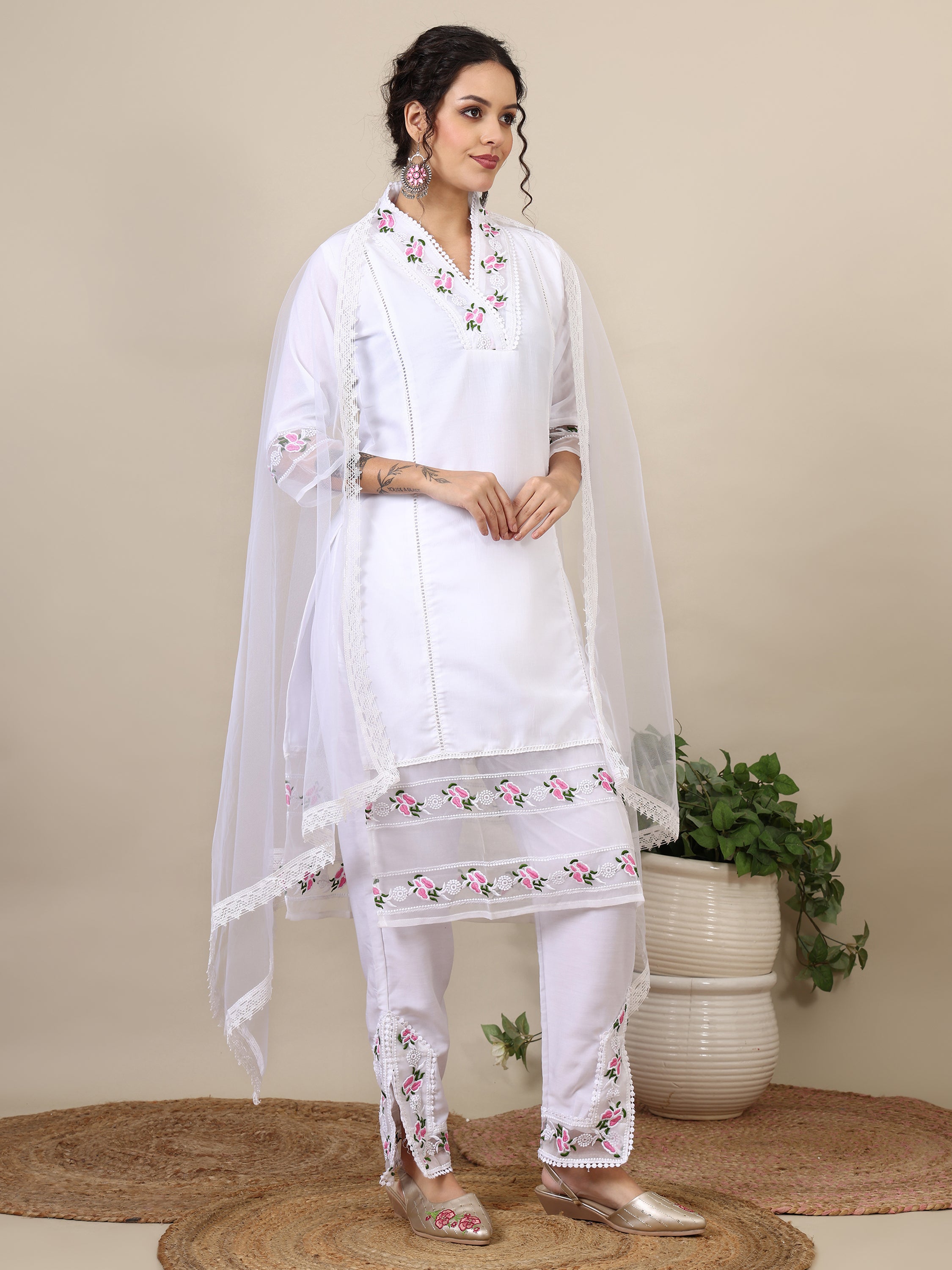 Miral floral  embroidered thread work A-line kurta with trousers &dupatta