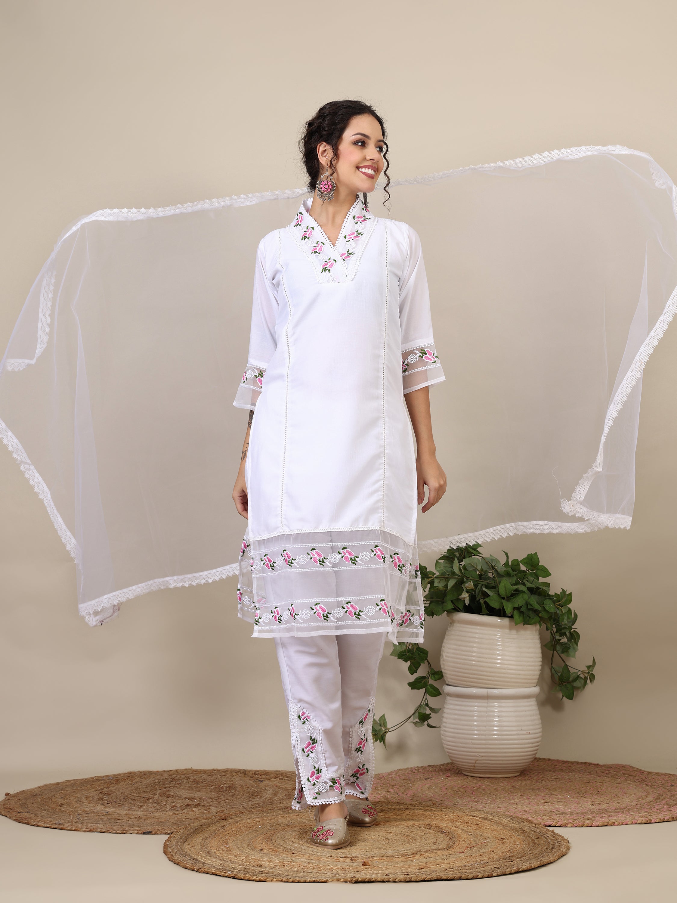 Miral floral  embroidered thread work A-line kurta with trousers &dupatta