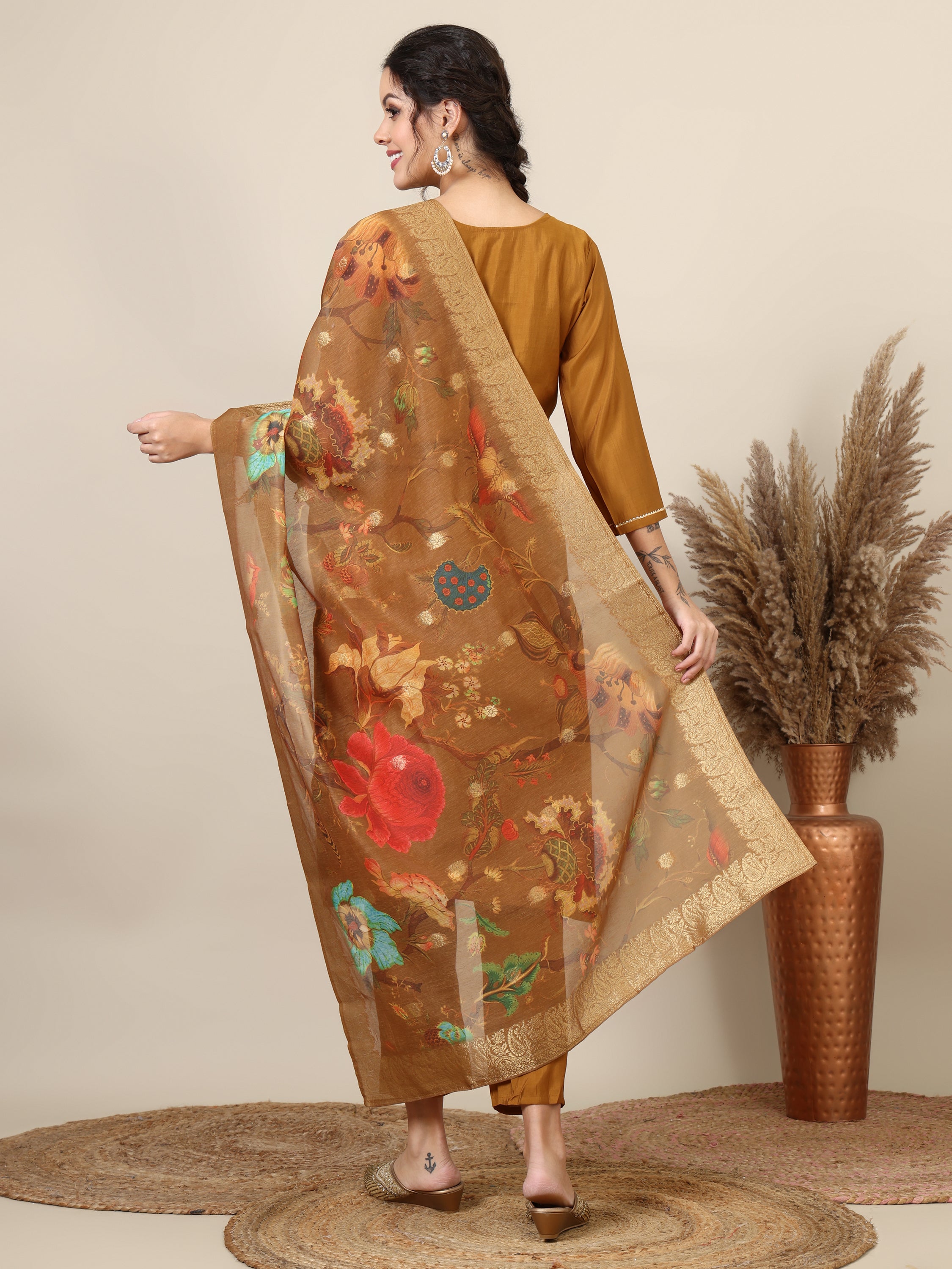 17-beautiful embroidered kurta with pant & jecquard with print dupatta