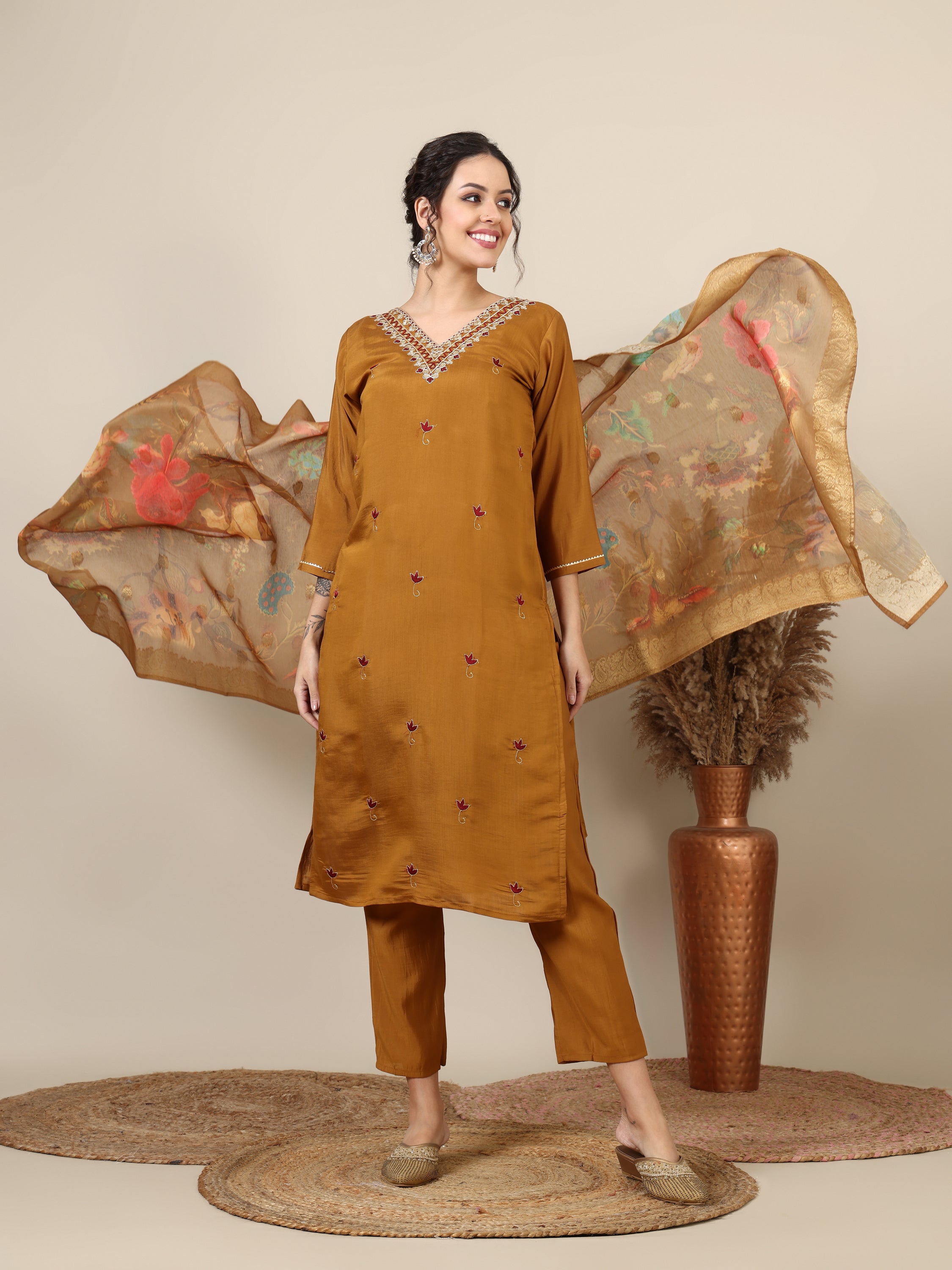 17-beautiful embroidered kurta with pant & jecquard with print dupatta