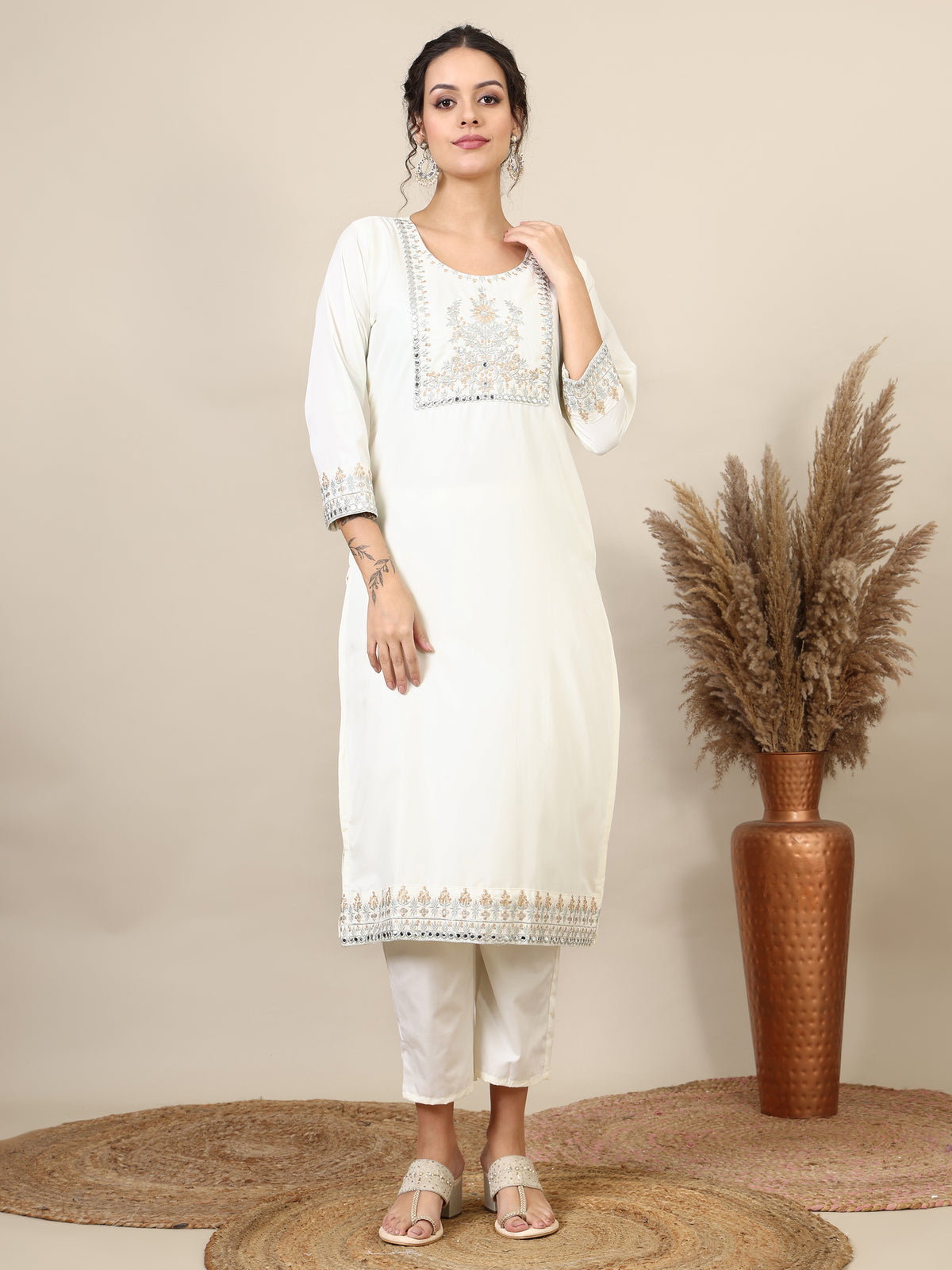 11-white ethnic motifs embroidered kurta with trousers & dupatta