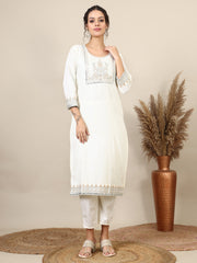 11-white ethnic motifs embroidered kurta with trousers & dupatta