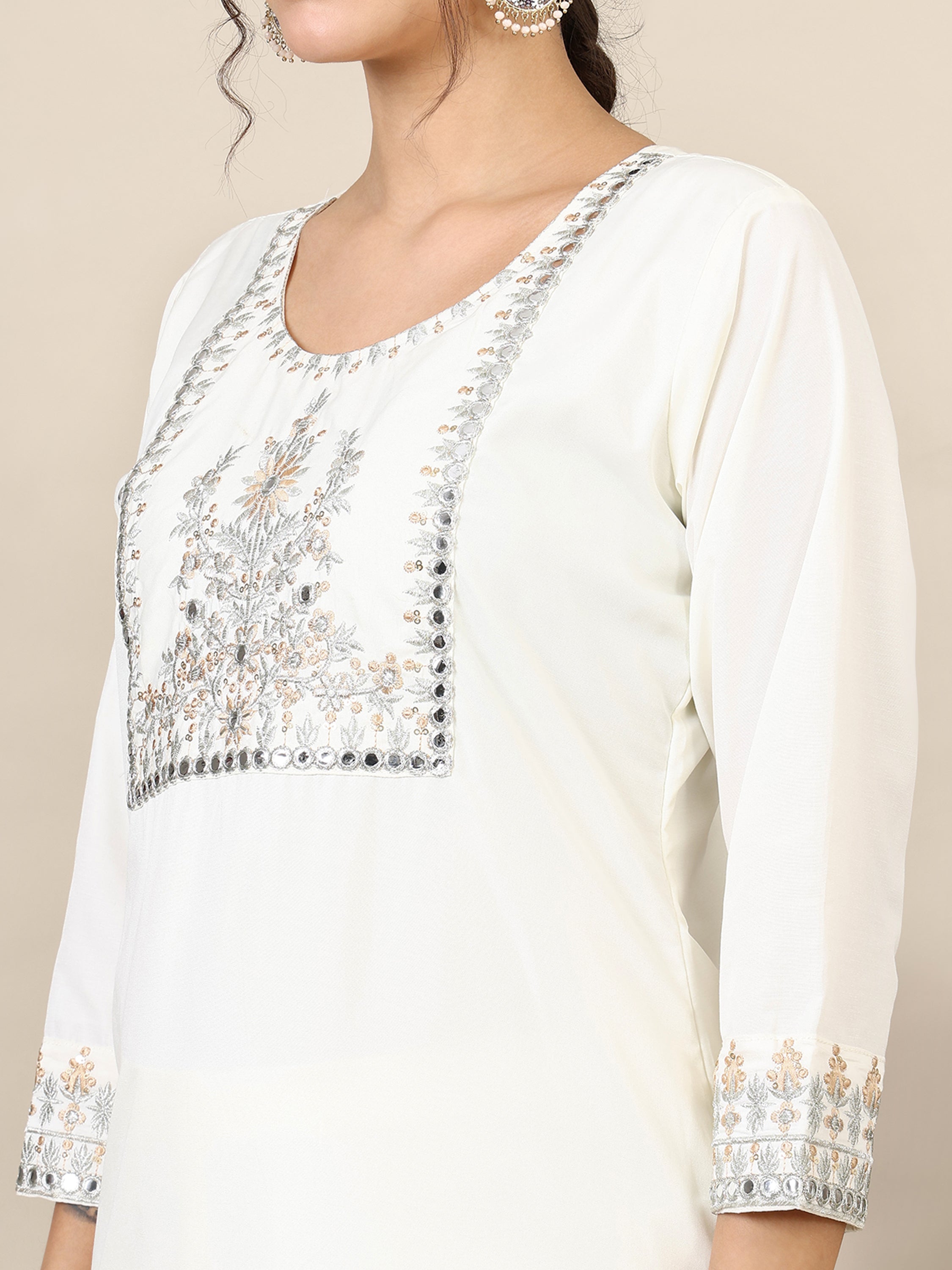 11-white ethnic motifs embroidered kurta with trousers & dupatta