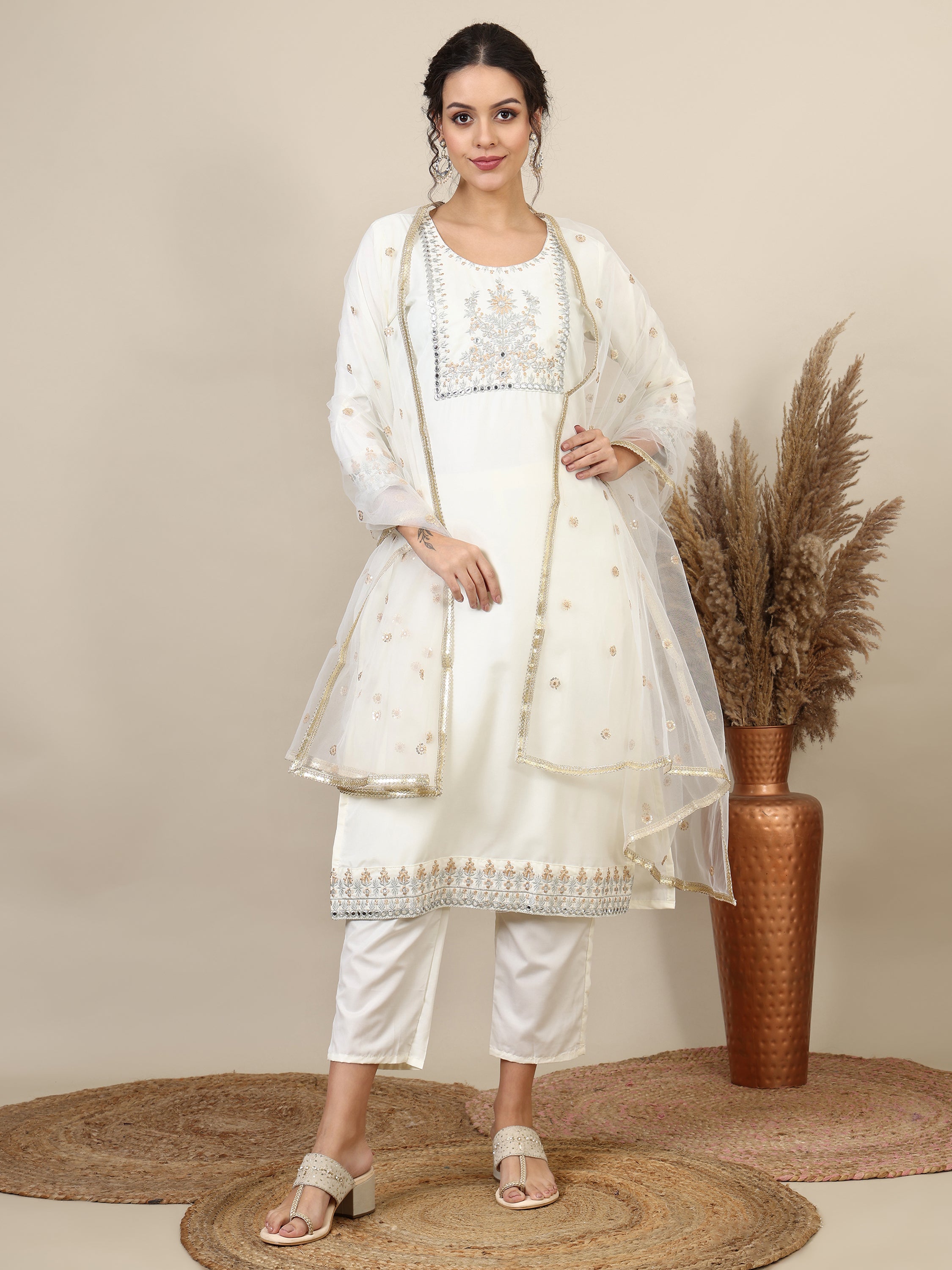 11-white ethnic motifs embroidered kurta with trousers & dupatta