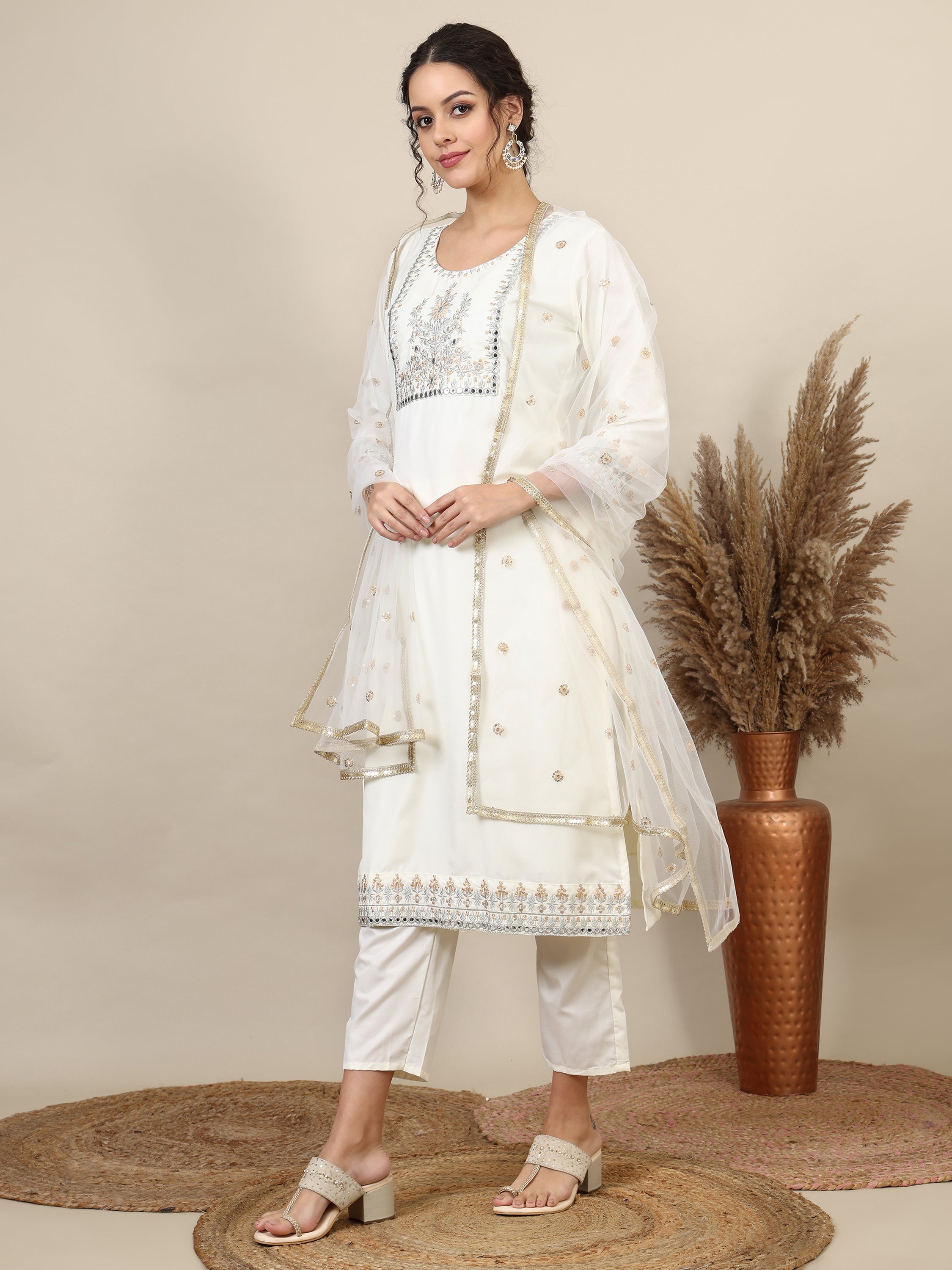 11-white ethnic motifs embroidered kurta with trousers & dupatta