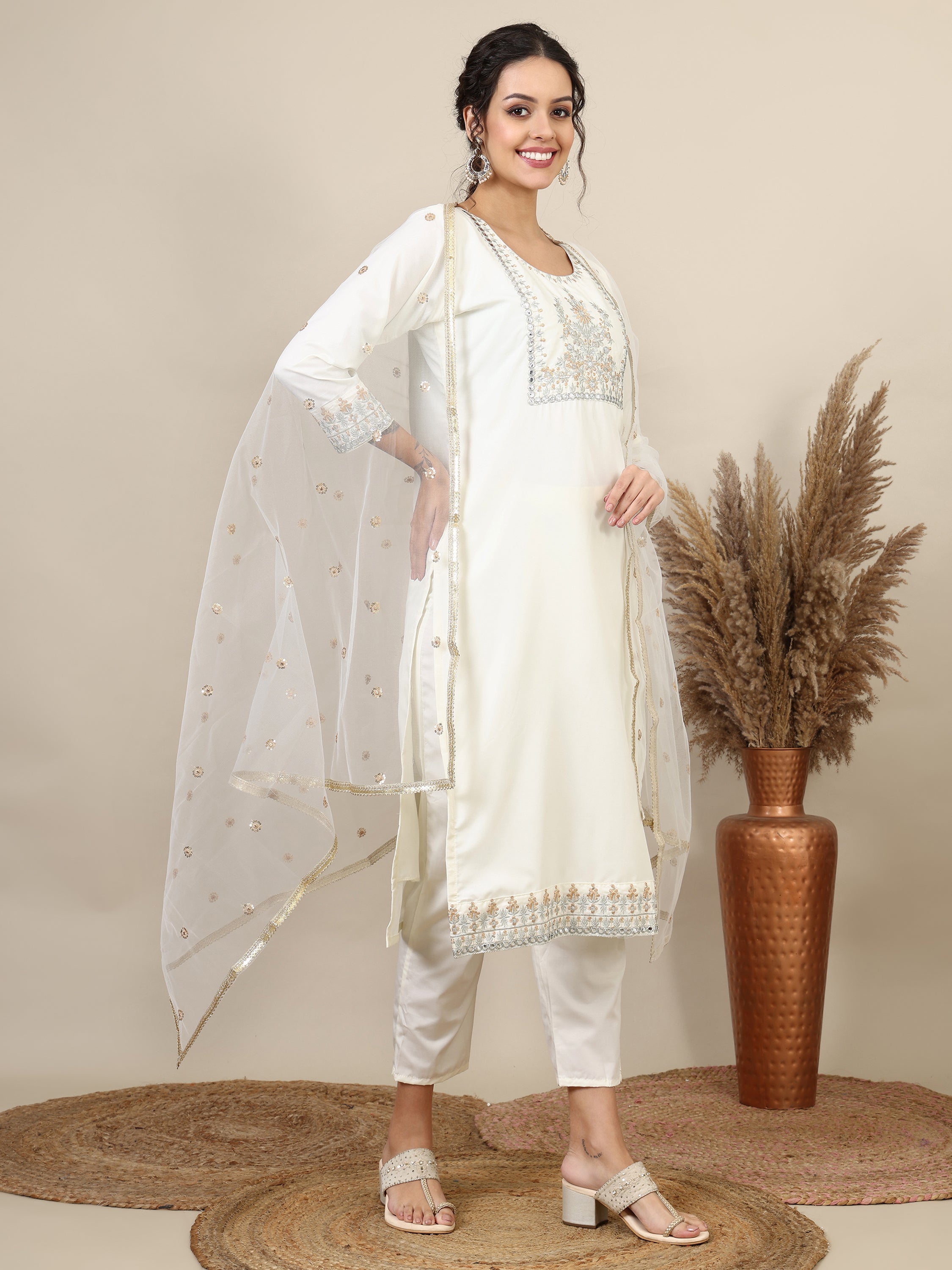 11-white ethnic motifs embroidered kurta with trousers & dupatta