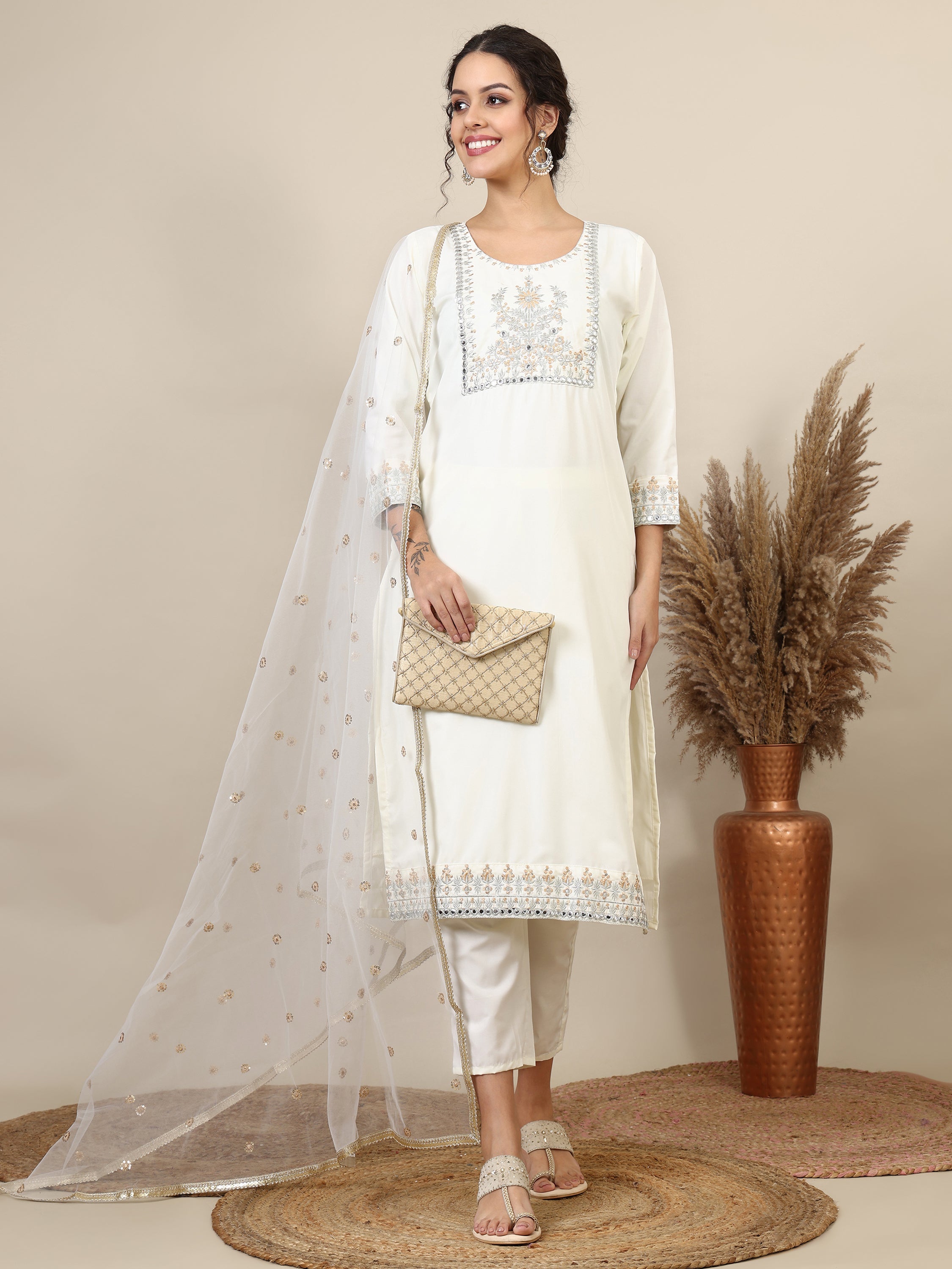 11-white ethnic motifs embroidered kurta with trousers & dupatta