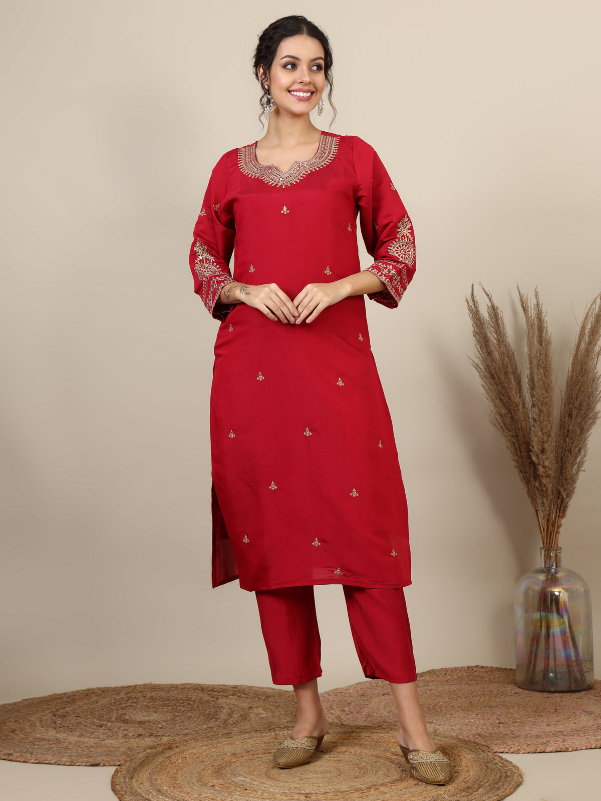 19- Ethnic motifs embroidered thread work chanderi silk kurta with trousers & dupatta