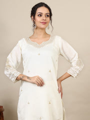 12-Ethnic motifs embroidered thread work chanderi silk kurta with trousers & dupatta