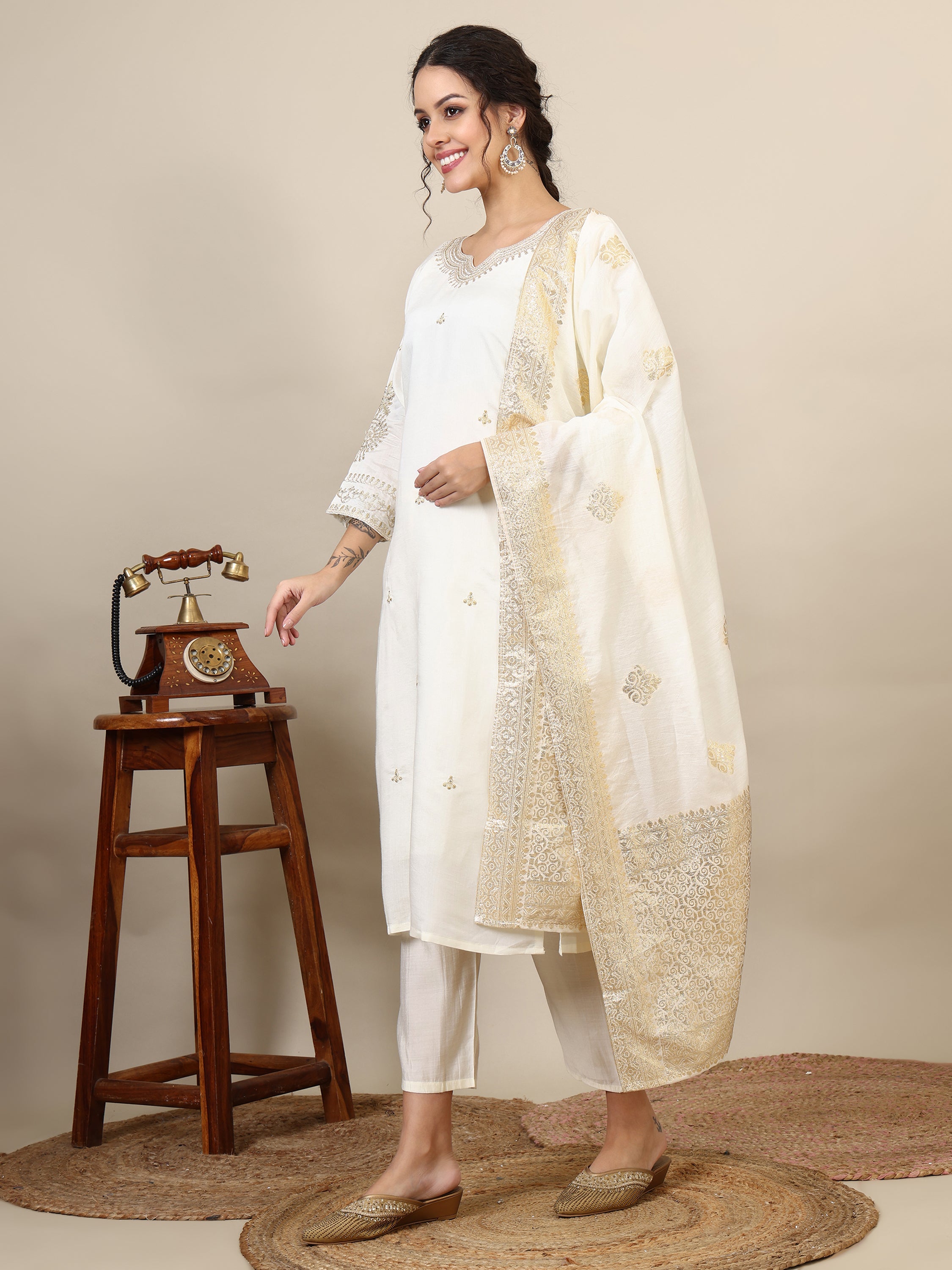 12-Ethnic motifs embroidered thread work chanderi silk kurta with trousers & dupatta