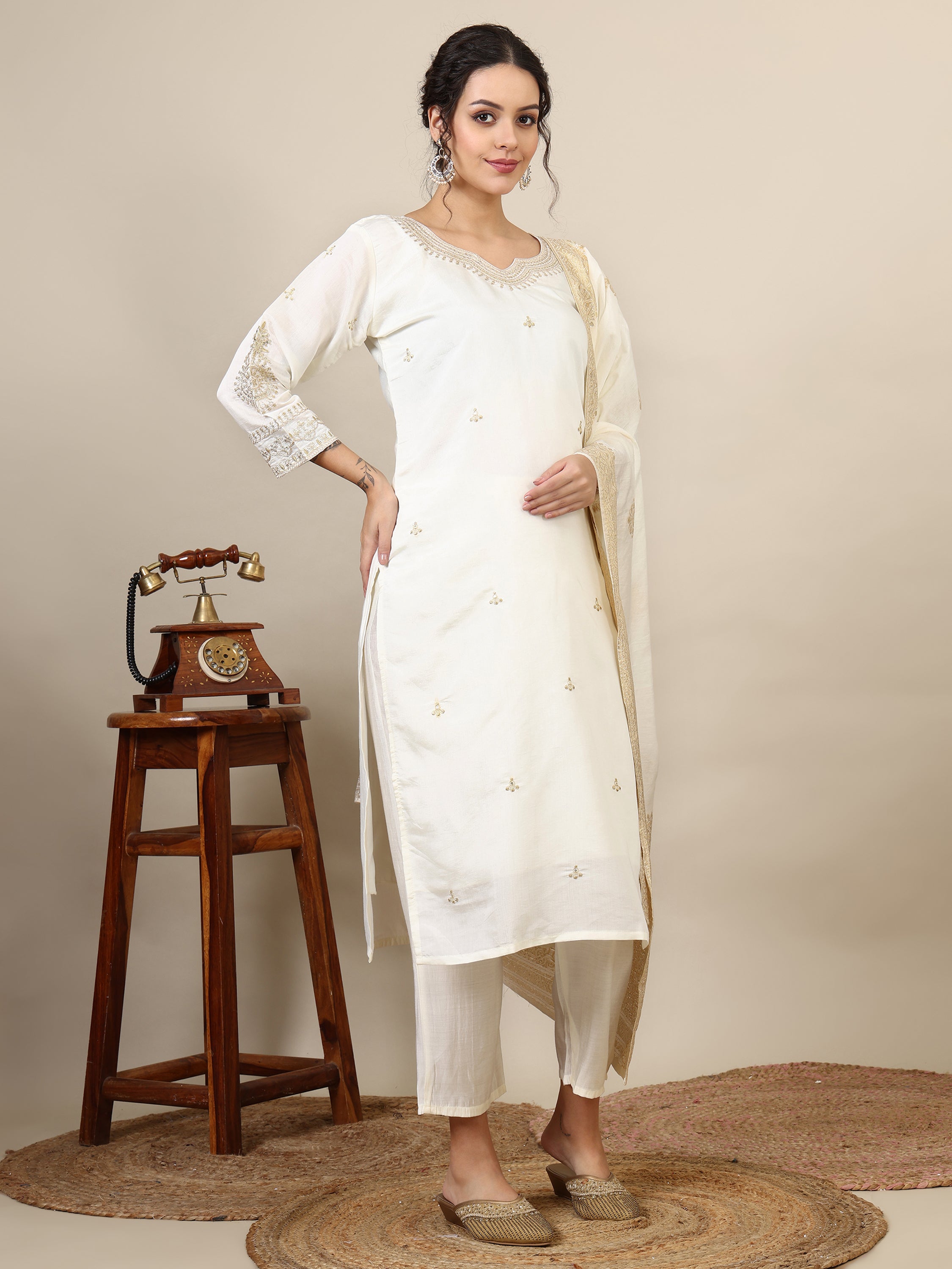 12-Ethnic motifs embroidered thread work chanderi silk kurta with trousers & dupatta