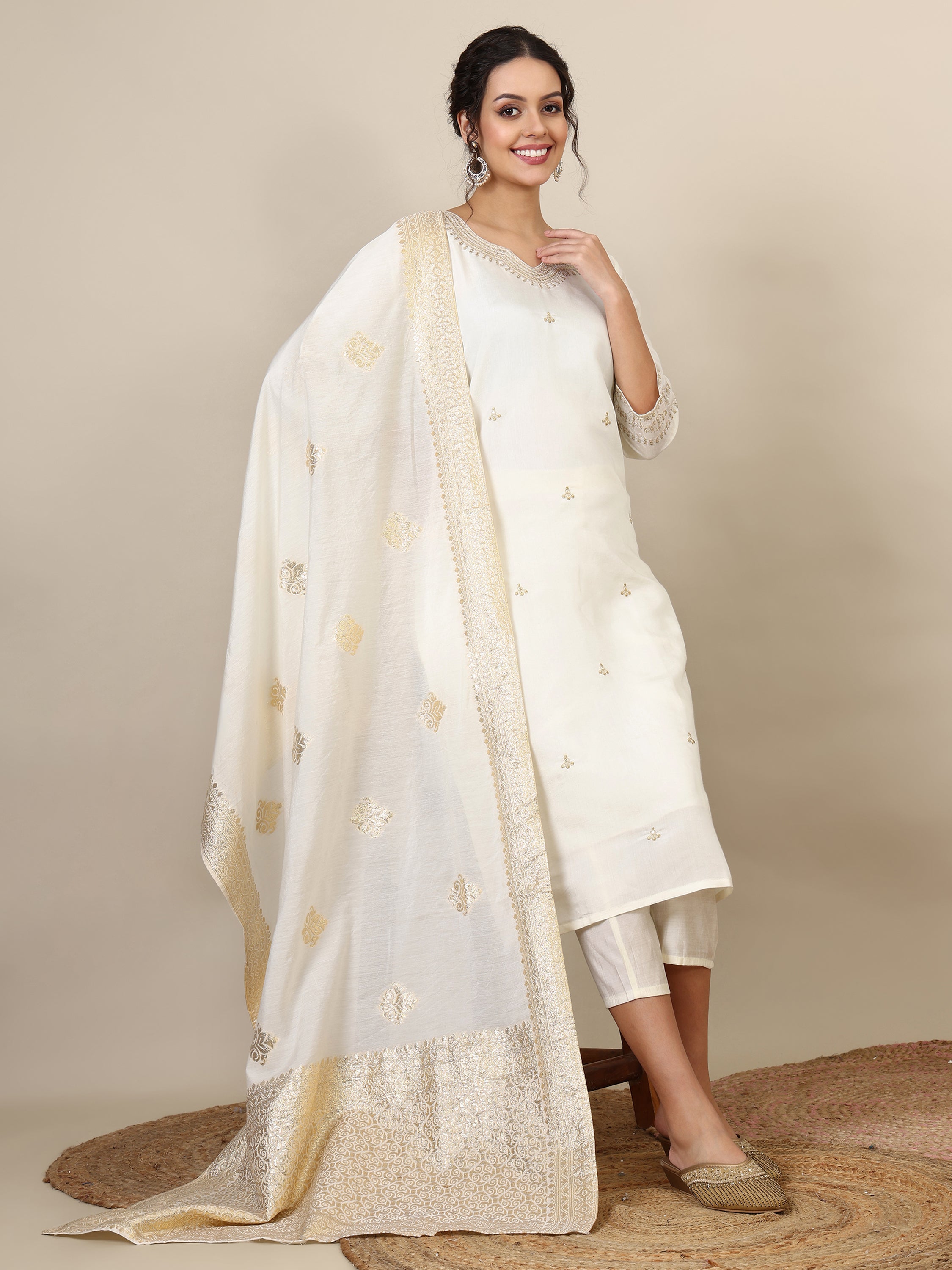 12-Ethnic motifs embroidered thread work chanderi silk kurta with trousers & dupatta