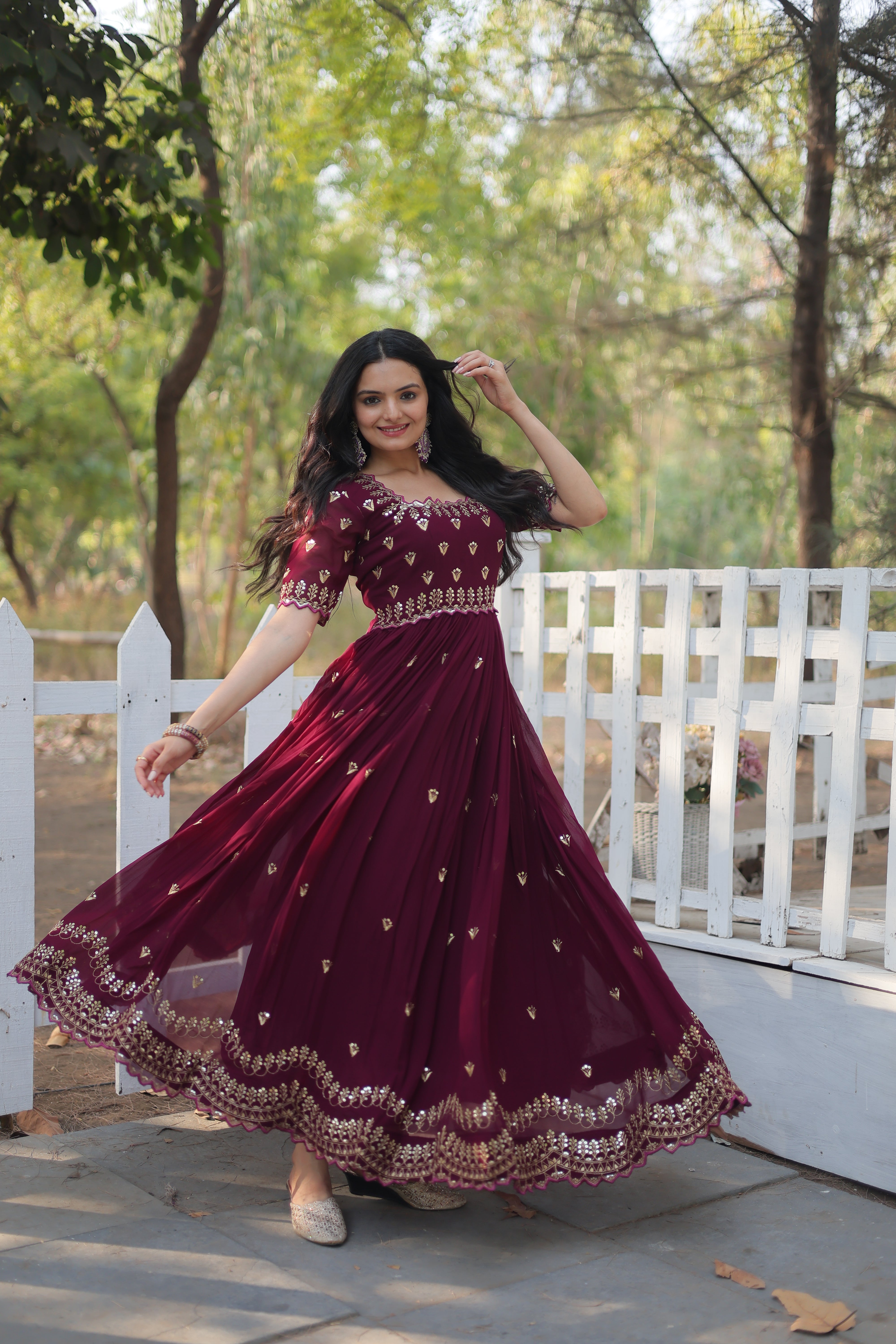 AARVI MAROON EMBROIDERED WORK GOWN