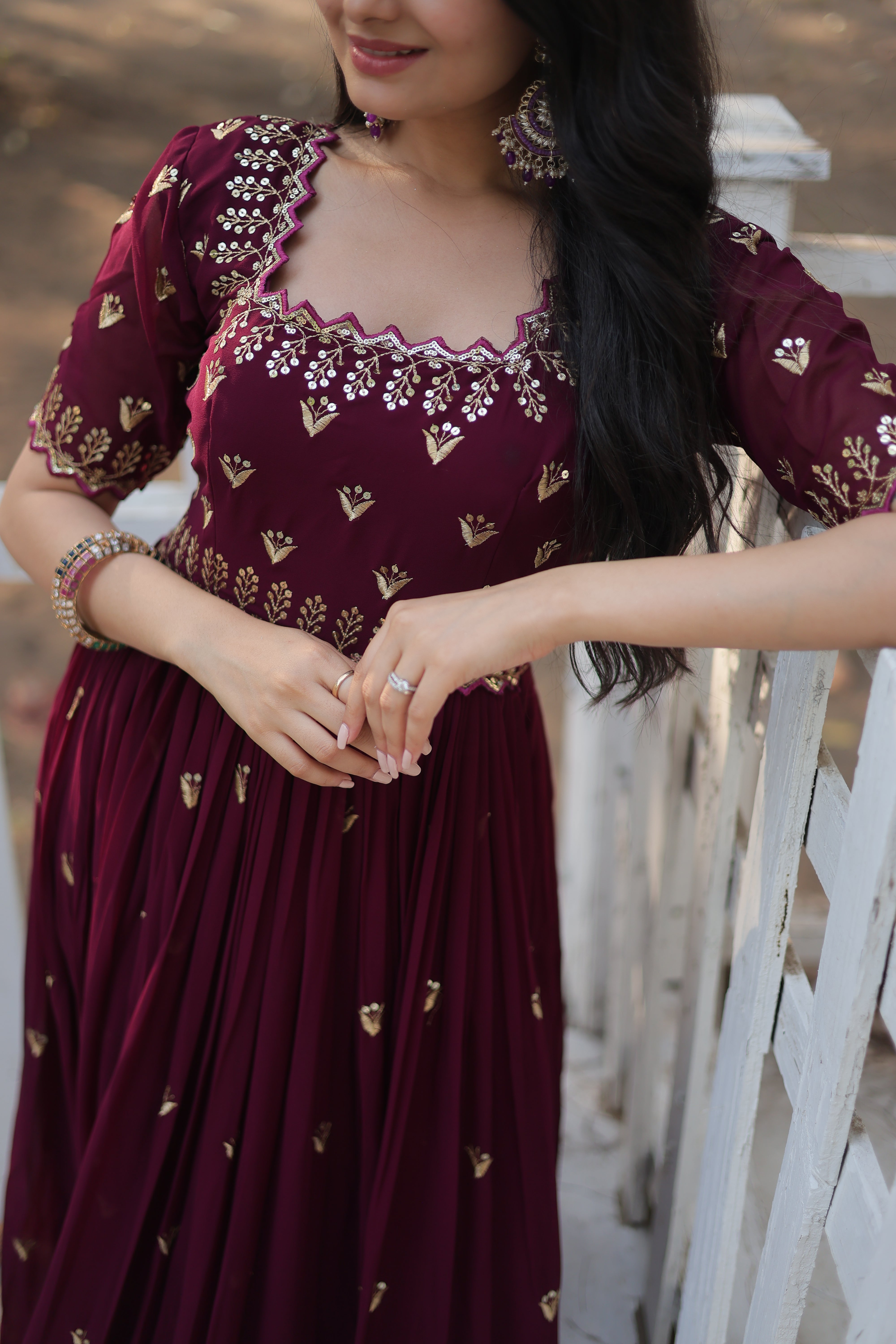 AARVI MAROON EMBROIDERED WORK GOWN