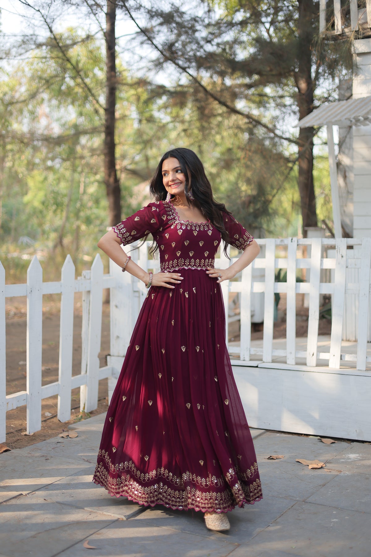 AARVI MAROON EMBROIDERED WORK GOWN