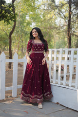 AARVI MAROON EMBROIDERED WORK GOWN